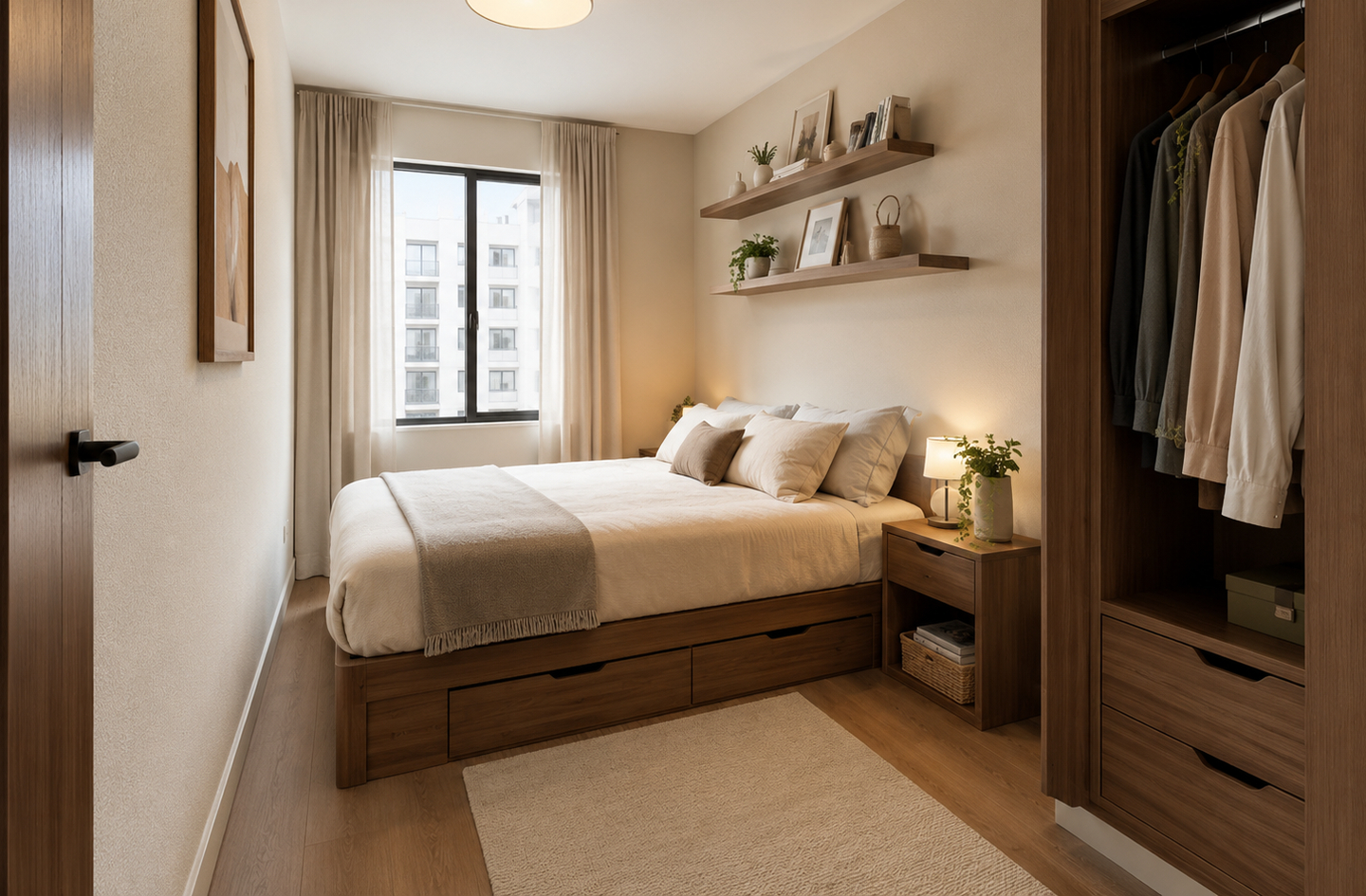 Small closet storage in a compact bedroom showing an open wardrobe with hanging clothes alongside built-in bed storage drawers
