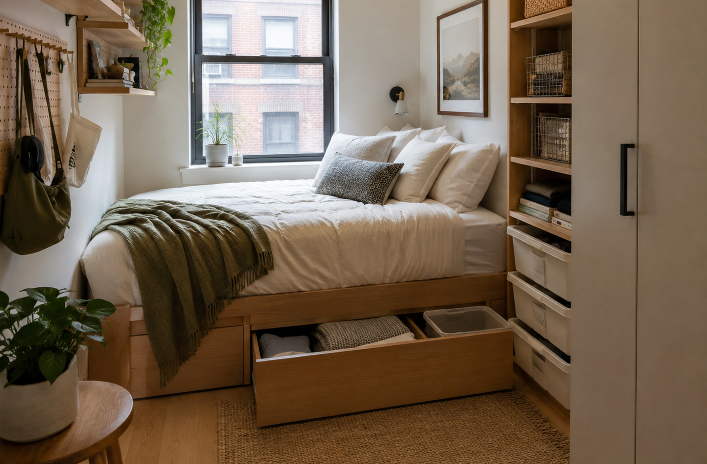 Small walk in closet organization ideas demonstrated by floor-to-ceiling shelving with organized containers and linens keeping the floor clear