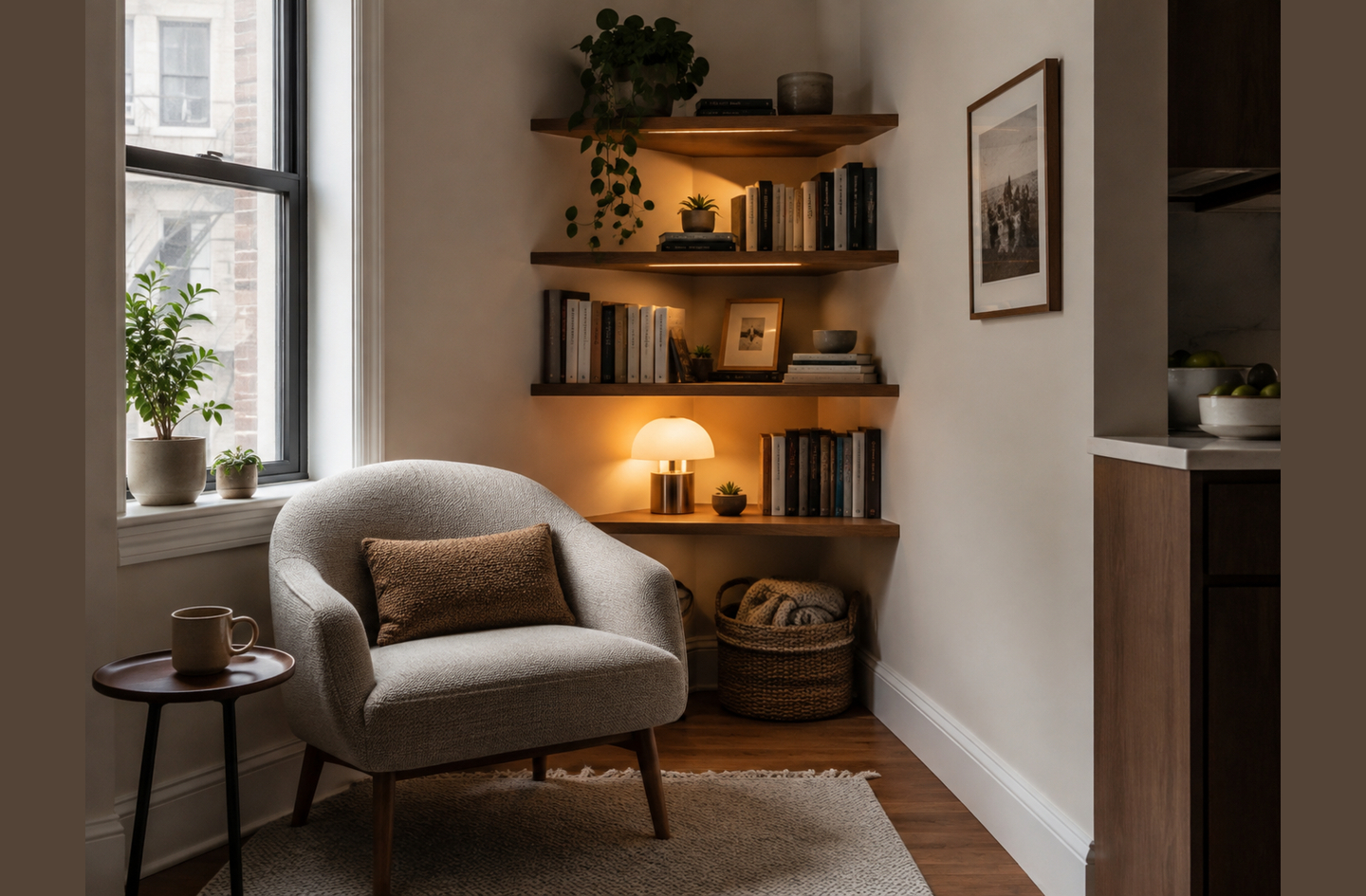 A cozy reading nook features a textured armchair positioned beside a window, complemented by a round side table and tiered corner shelving illuminated with warm accent lighting. A woven basket sits below the shelves on a patterned area rug, adding to the room's serene and inviting atmosphere.