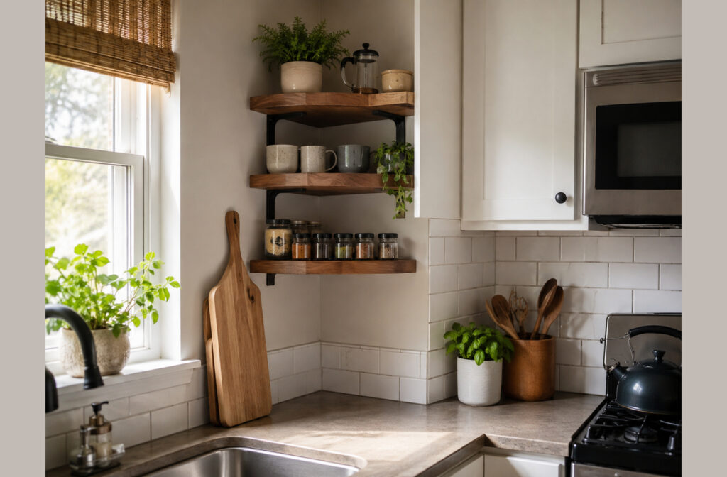 Wooden corner shelves holding plants, mugs, and spices above a countertop with a sink and cutting board.