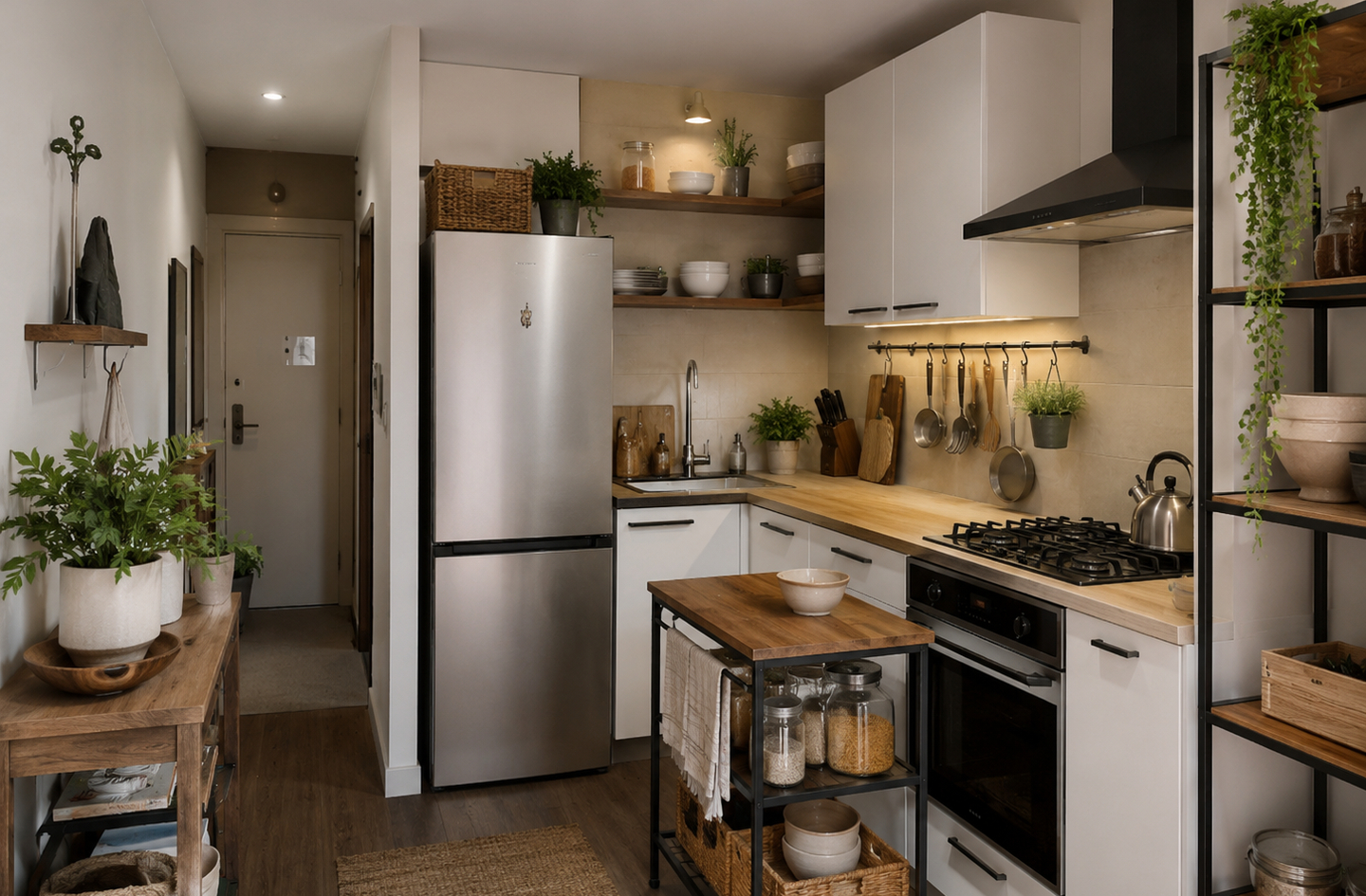 Small kitchen island on wheels in a well-organized kitchen with open wooden shelving and stainless steel appliances