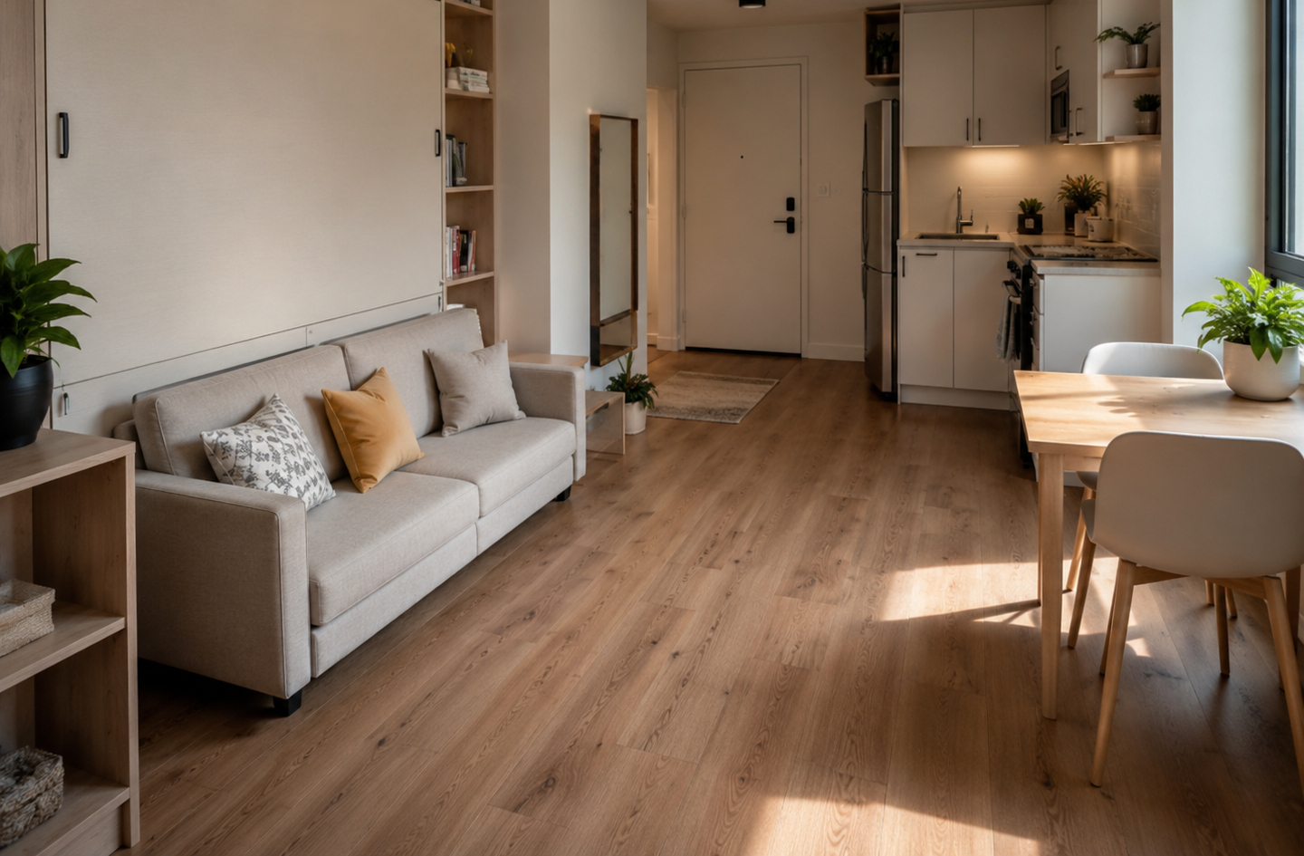 A minimalist studio apartment with a cozy dining nook adjacent to the kitchen, illustrating small kitchen nook ideas for compact living spaces