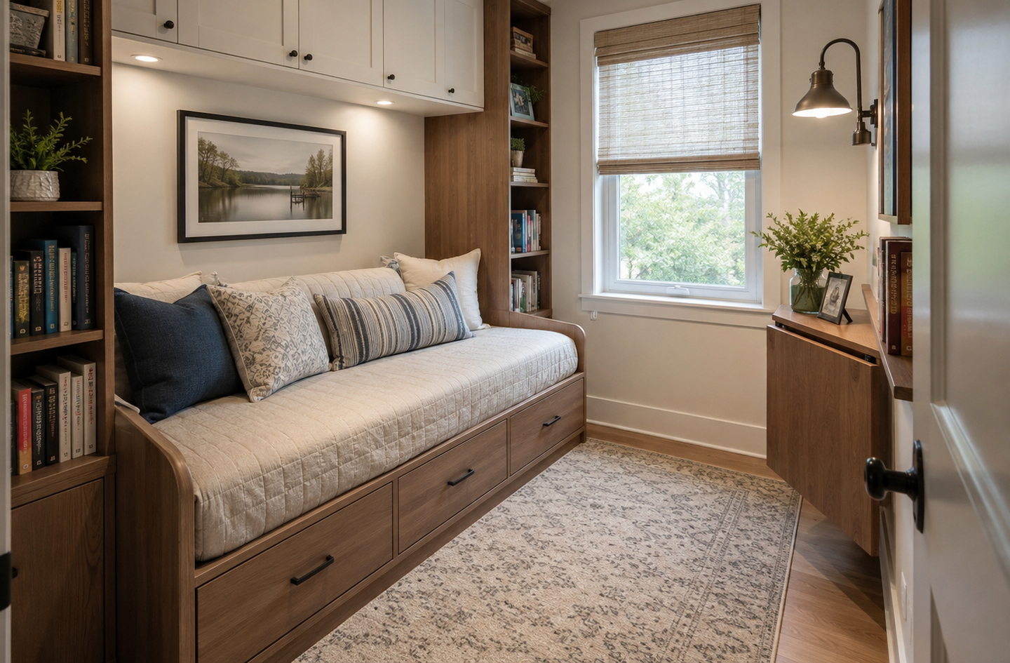 Floor to ceiling shelves flanking a daybed with built-in storage drawers in a compact room