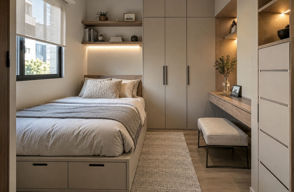 A small modern bedroom showing clothing storage ideas for small bedrooms, with tall wardrobe cabinets, a built-in bed with drawer storage, and a floating desk in a neutral minimalist palette.