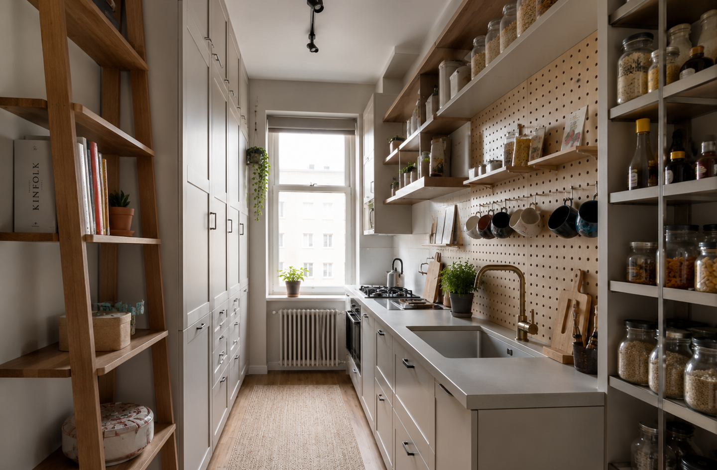 A narrow galley kitchen with a wooden pegboard wall for storage and an open shelving unit on the left, demonstrating small kitchen storage ideas diy without cabinets in a compact renter kitchen