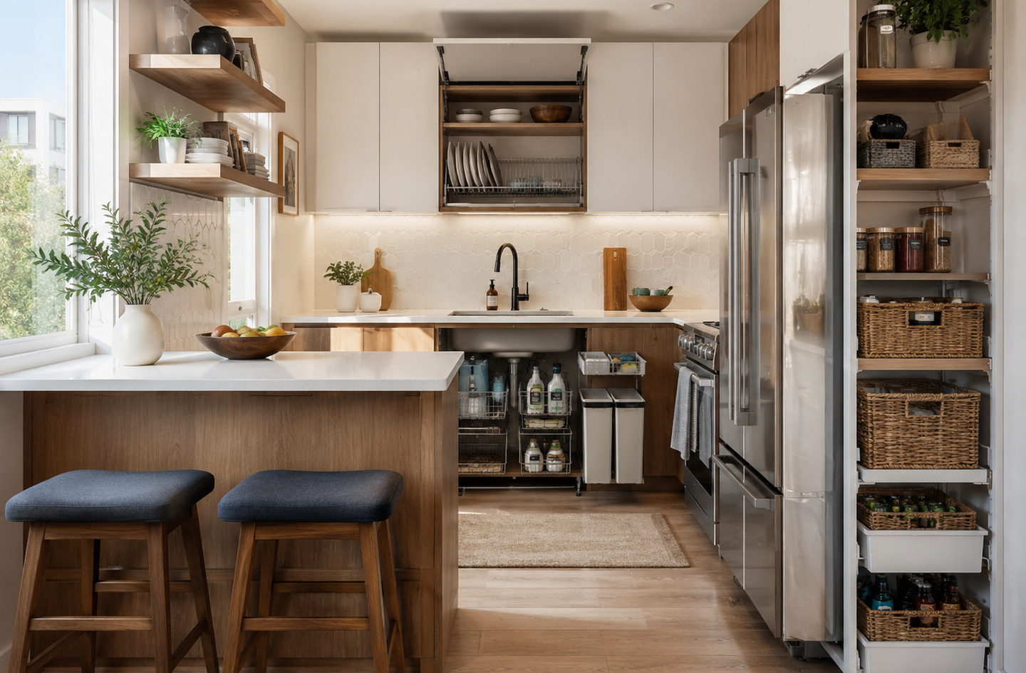 A modern kitchen with wooden cabinetry, a fixed island with bar stools on one side, and an organized pantry with woven baskets