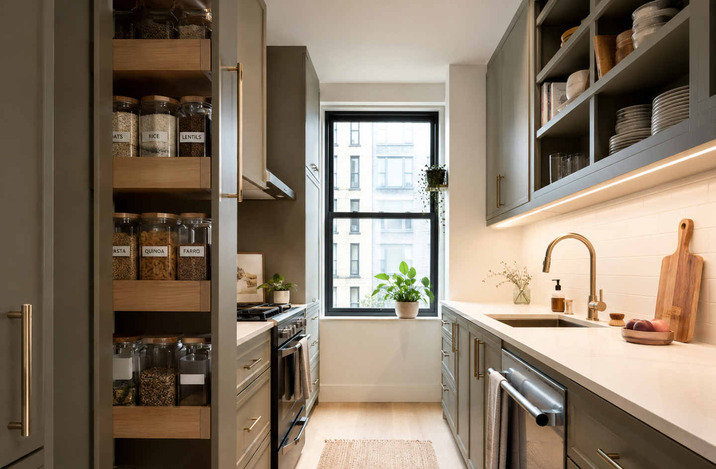 A narrow galley kitchen with olive-green cabinets, brass hardware, a pull-out pantry with labeled glass jars, and a clear white countertop demonstrating reach-first compact kitchen design