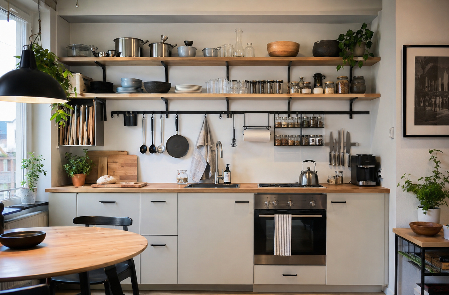 A compact well-organized kitchen with open wooden shelving, stainless steel appliances, and a mobile island for small kitchen storage