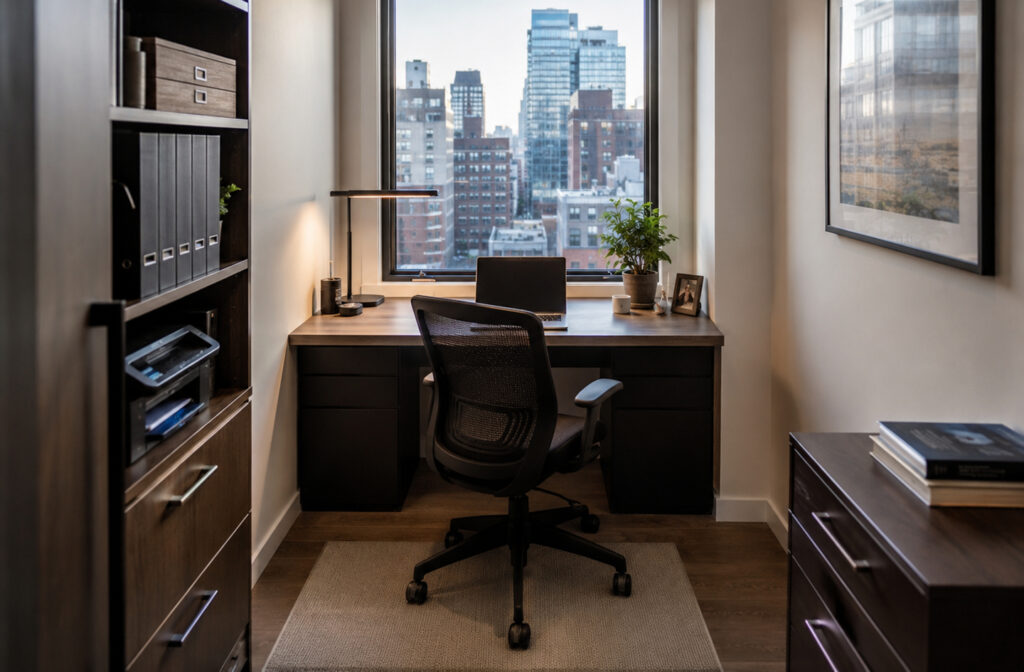 Small home office with desk positioned in front of a cityscape window, black rolling chair, laptop, desk lamp, and flanking storage cabinets
