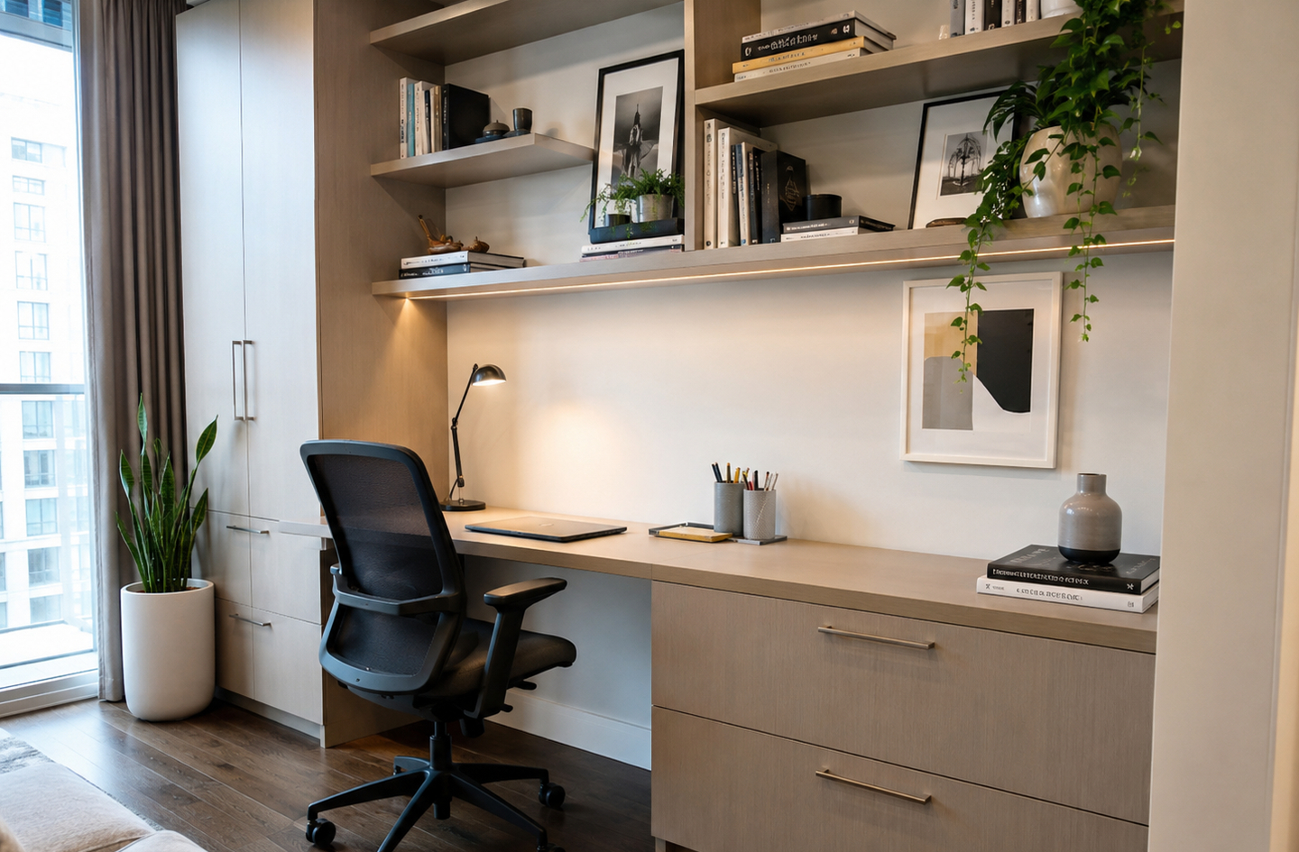 Compact home office with a wood-toned built-in desk, integrated under-cabinet lighting, ergonomic black chair, and a potted snake plant on a shelf