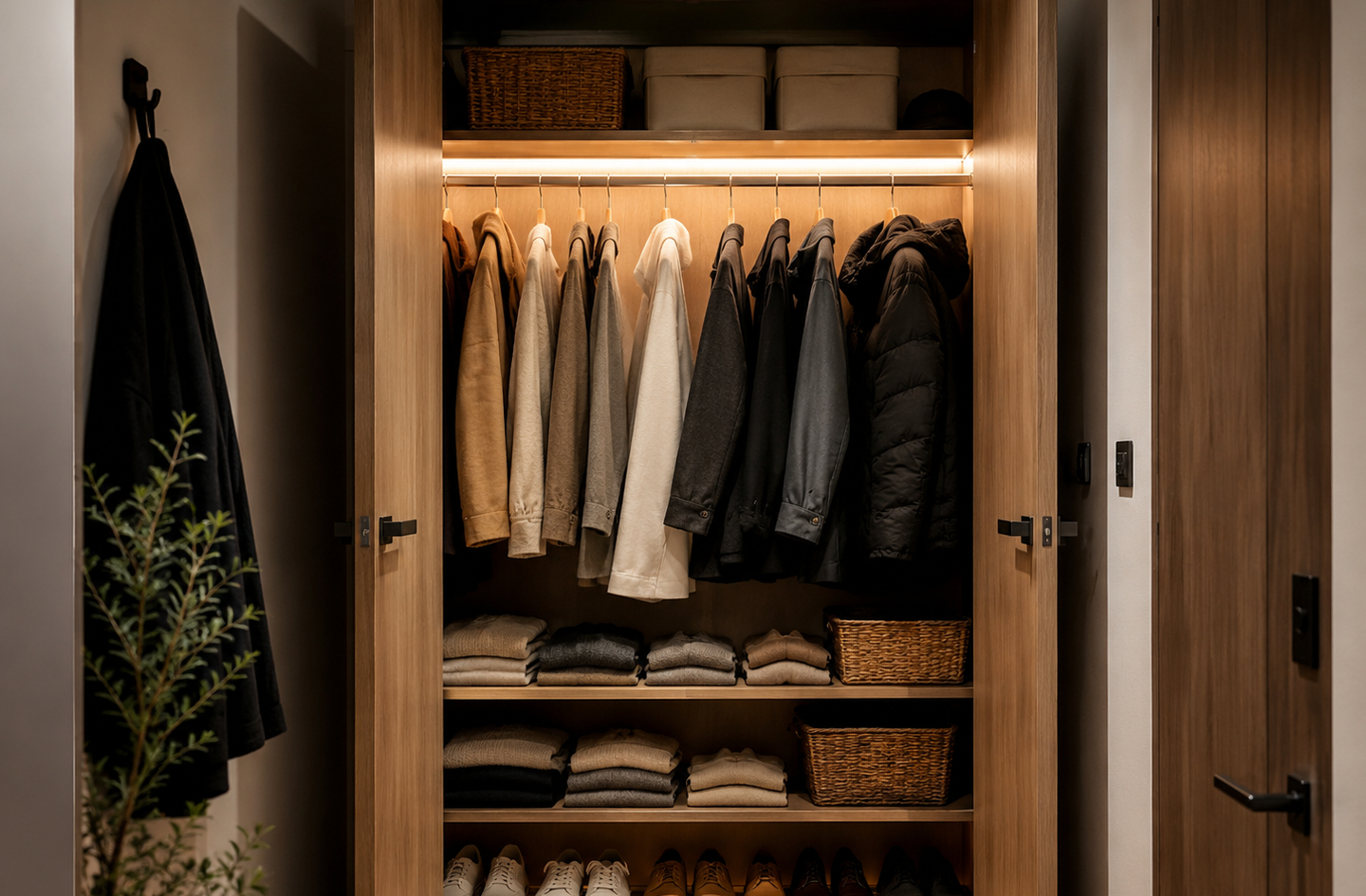 Small hallway closet organization ideas: an open wooden wardrobe with neatly hung coats and jackets, folded garments on shelves below, and a wall hook for a daily coat beside a potted plant.