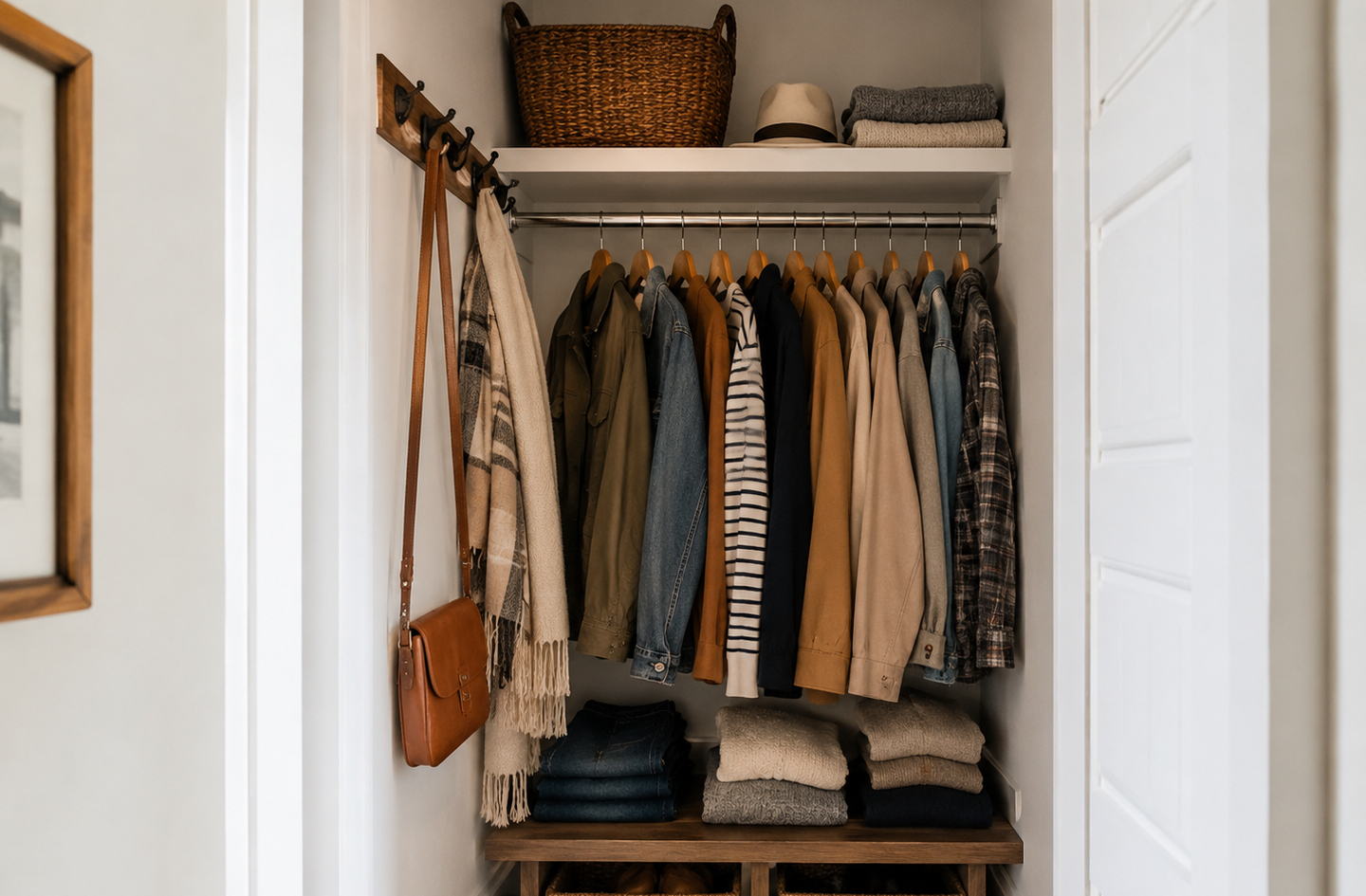 A neatly organized small hallway closet with hanging garments on the rod, folded sweaters on a wooden shelf, a woven basket on the top shelf, and wall hooks holding a satchel and scarf.