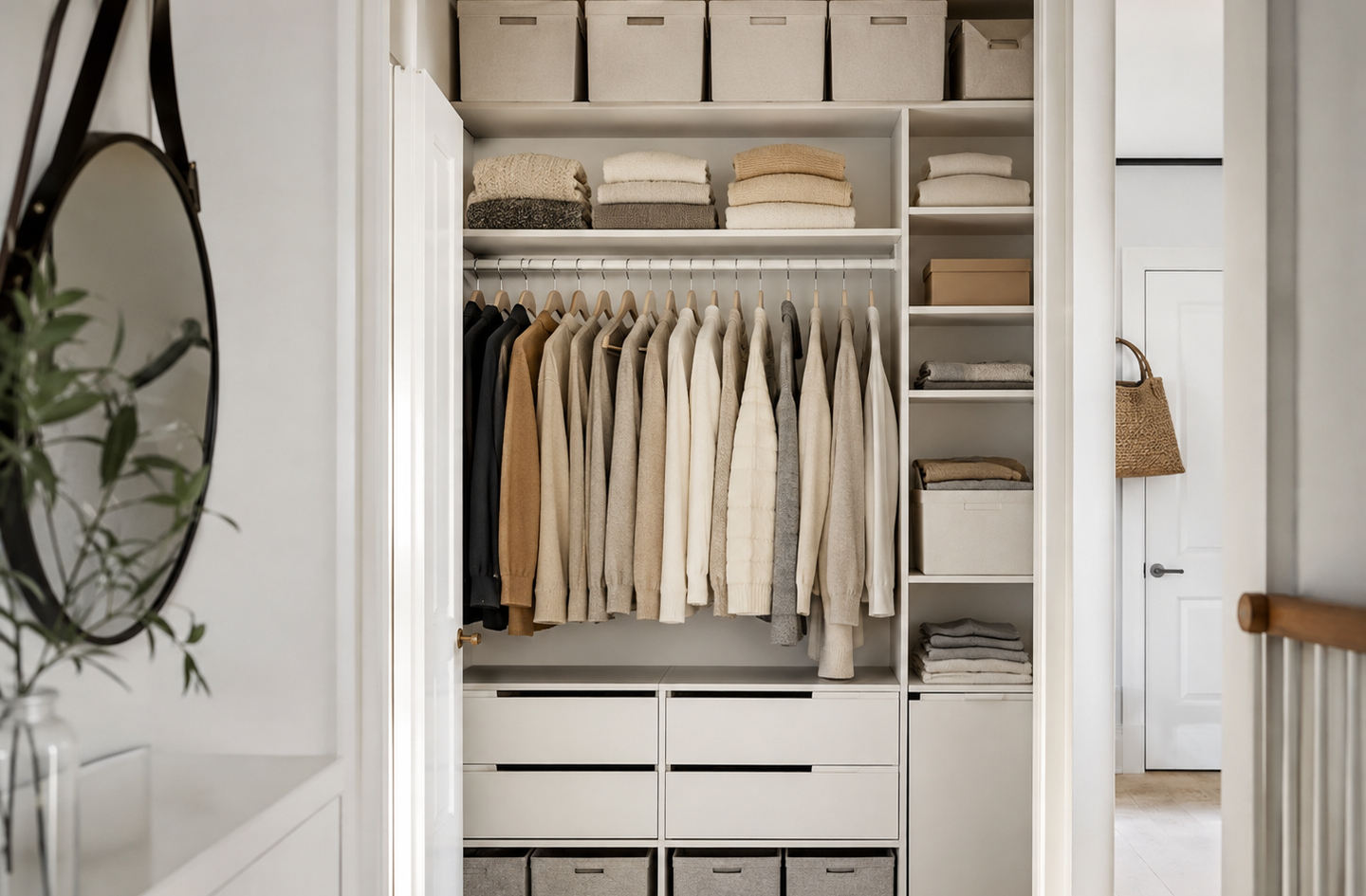 A well-organized closet showing clothing storage ideas for small bedrooms, with folded sweaters and bins on shelves, a hanging rod with neutral garments, and built-in drawers below.