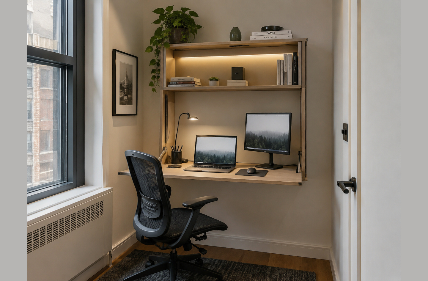 A folding desk for small spaces: wall-mounted fold-away workstation in a compact alcove with a laptop, monitor, overhead shelving with integrated lighting, and a rolling ergonomic chair