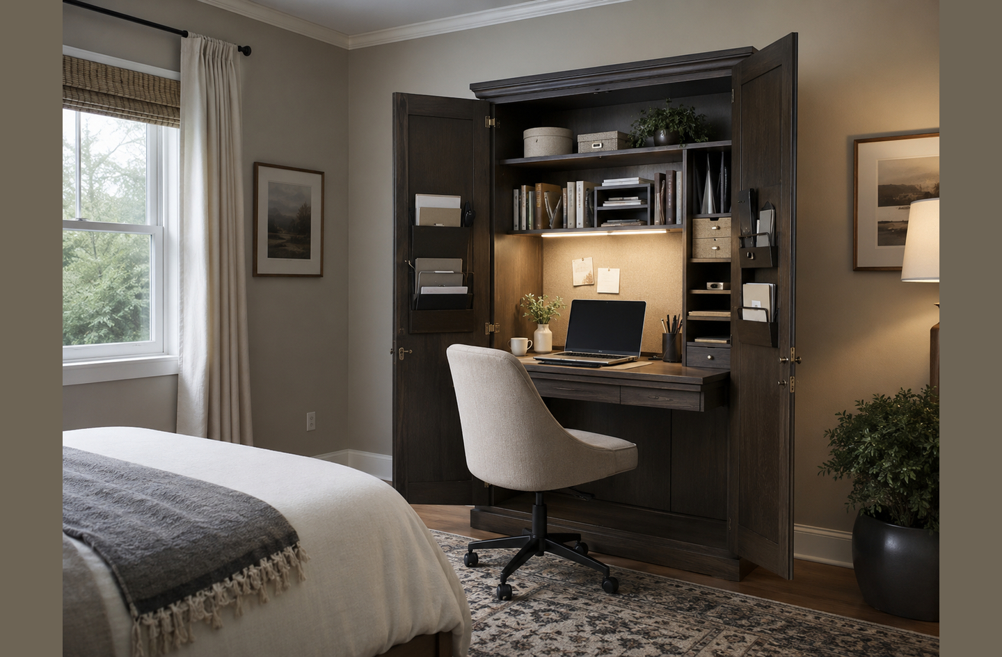 A space-saving fold-away desk integrated into a dark wood armoire cabinet, demonstrating the murphy desk style with built-in shelving, document storage, and under-cabinet lighting