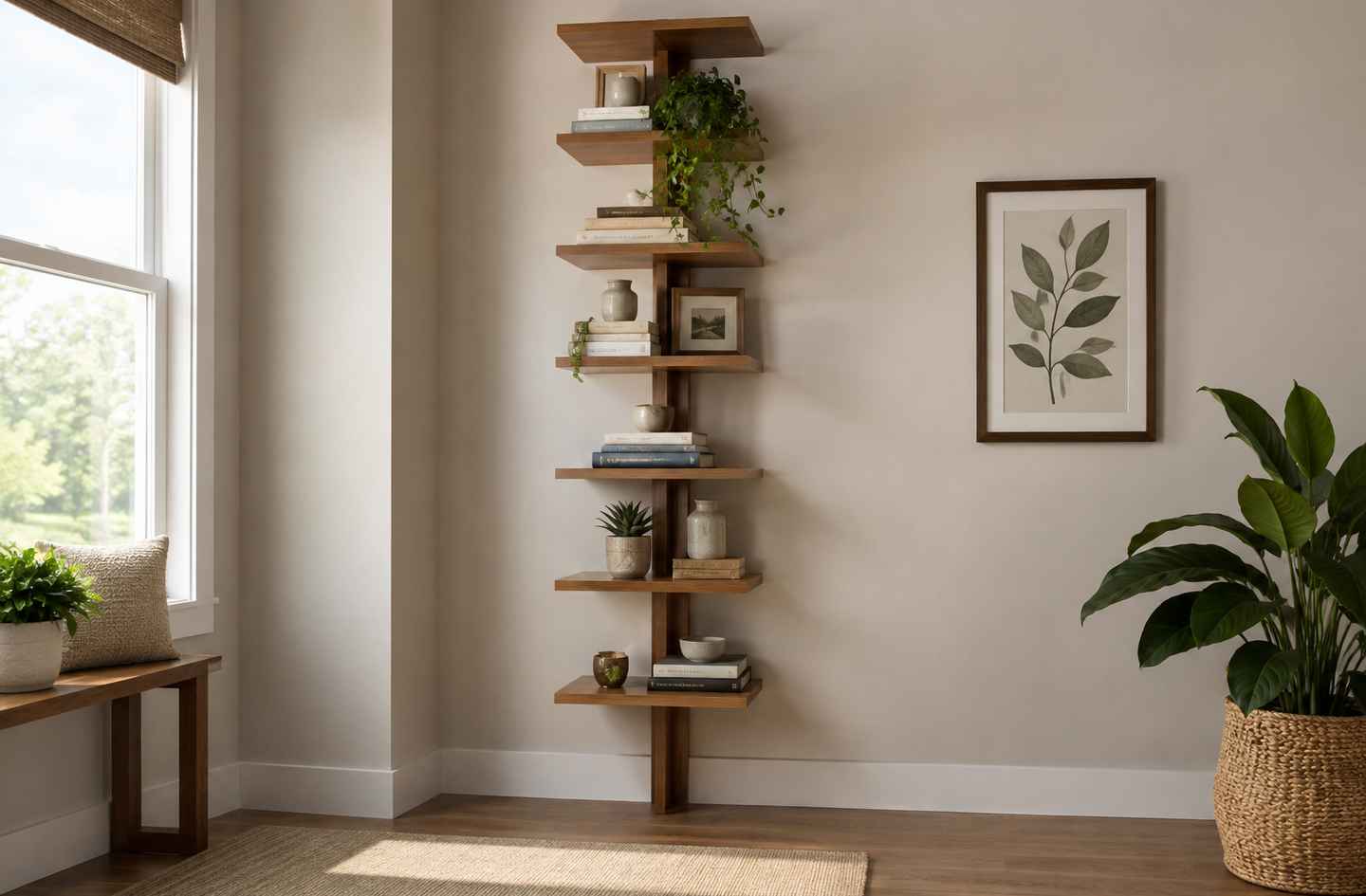 A narrow shelving unit standing against a neutral wall, decorated with plants, books, and ceramic decor in a compact living space