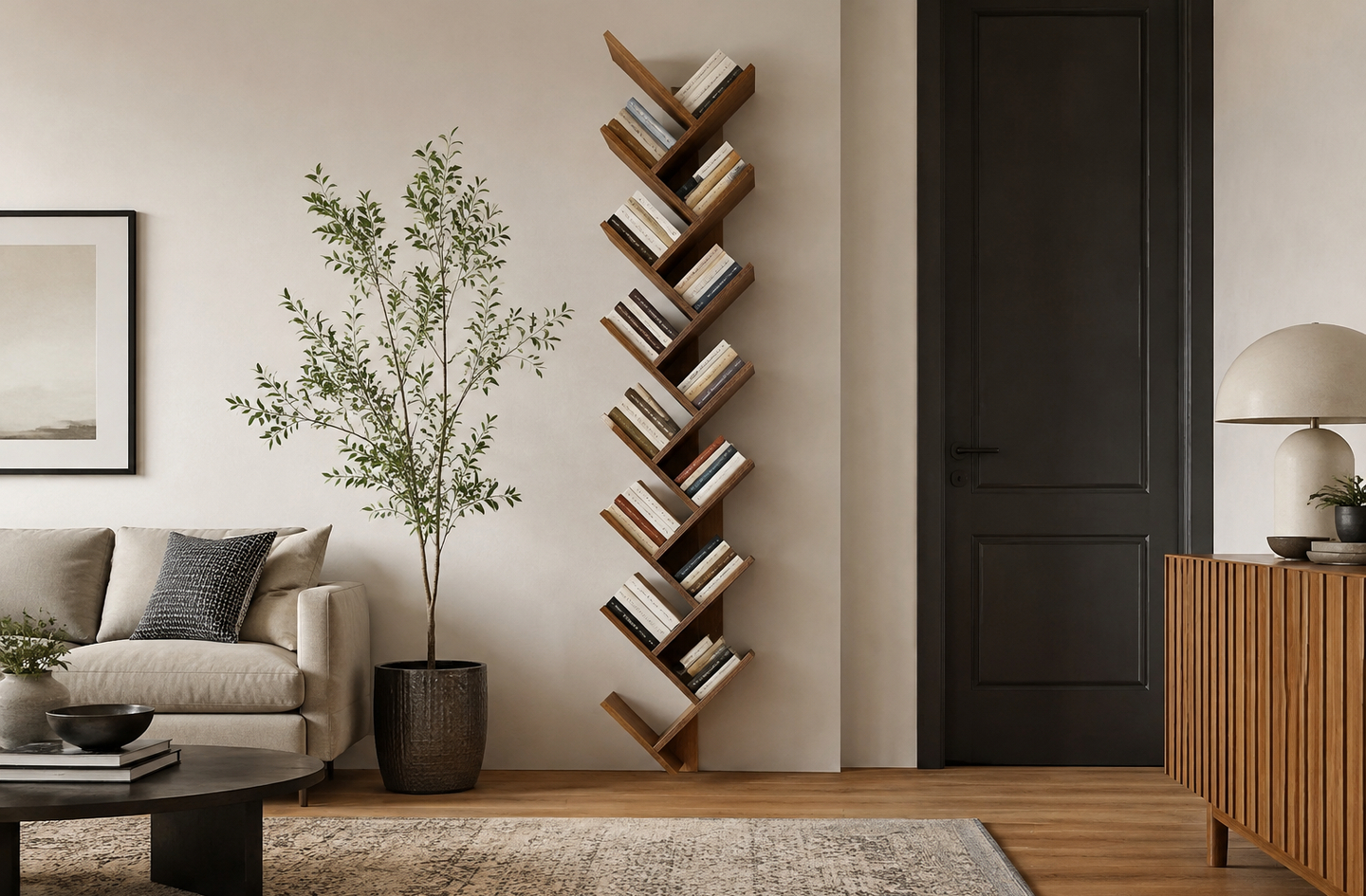 Tall floor-to-ceiling wooden bookshelf in a small modern living room beside a black door
