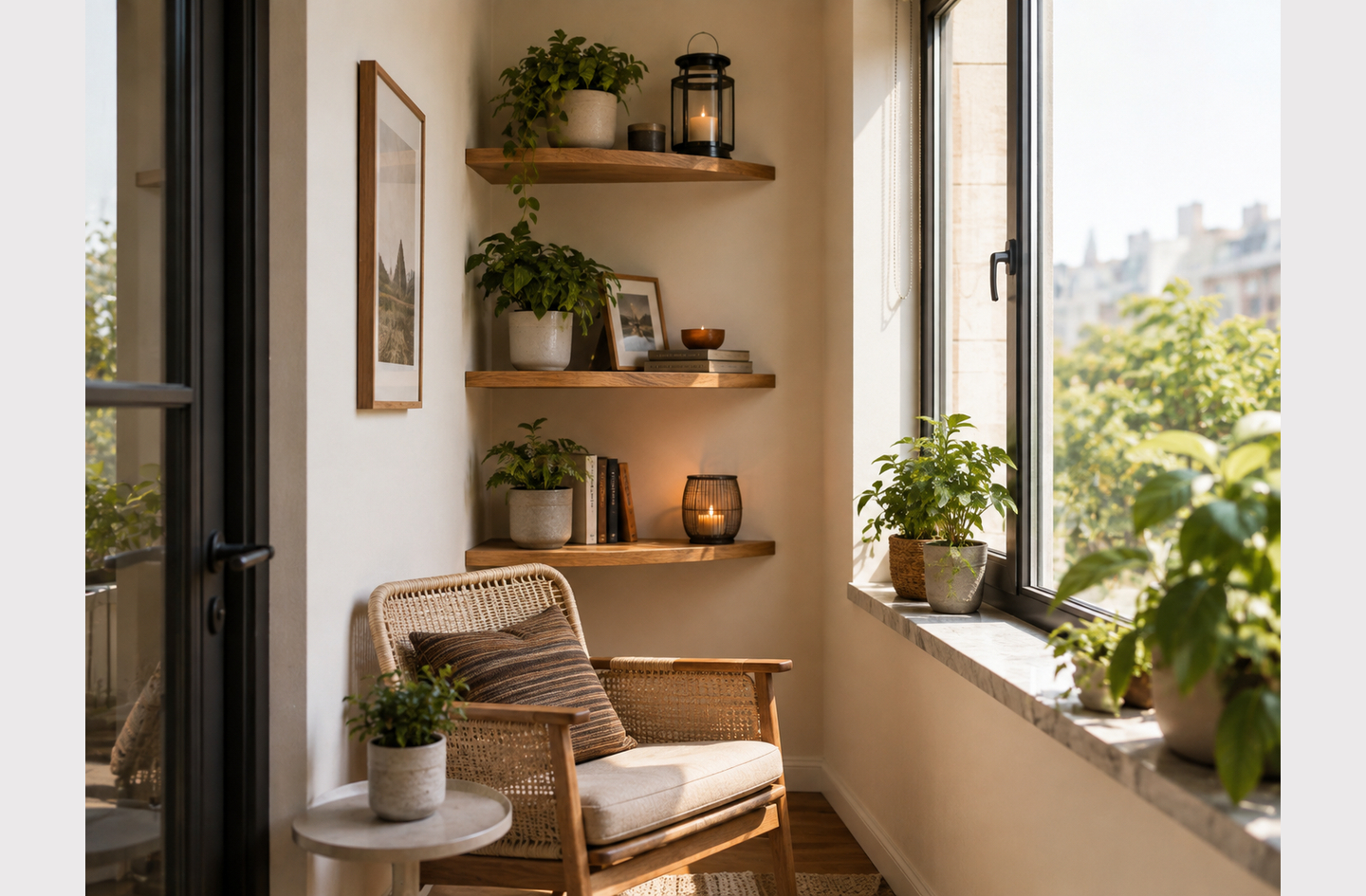 Three wooden floating shelves at staggered heights in a sunlit living room corner, holding plants, books, and decorative candles alongside a rattan armchair