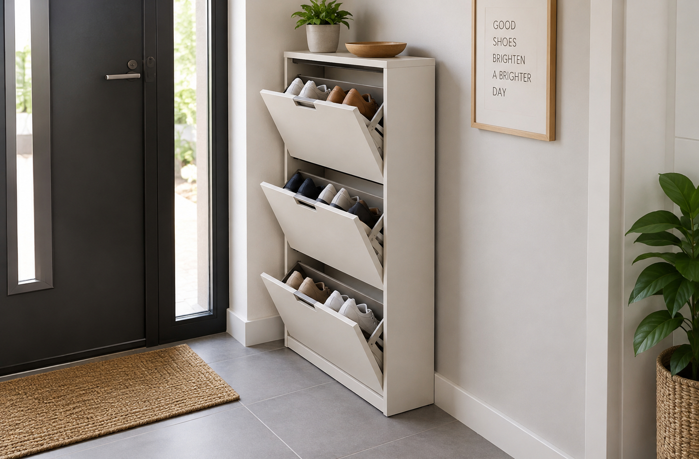 Slim white three-tier tilt-out shoe cabinet with open compartments showing organized footwear