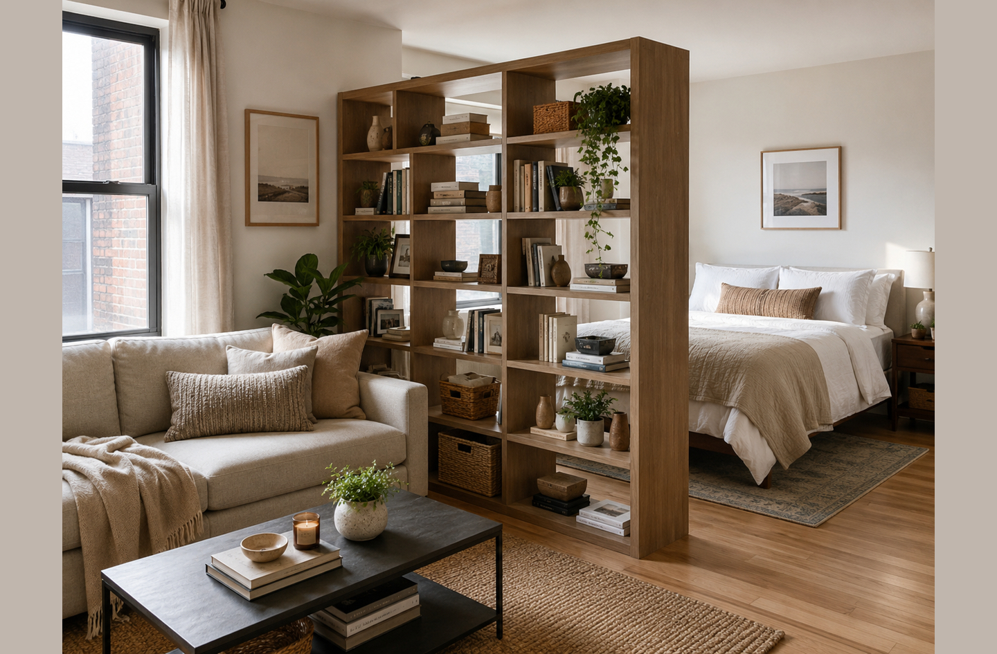 A tall wooden bookshelf room divider separating a living area from a sleeping zone in an open-plan studio apartment