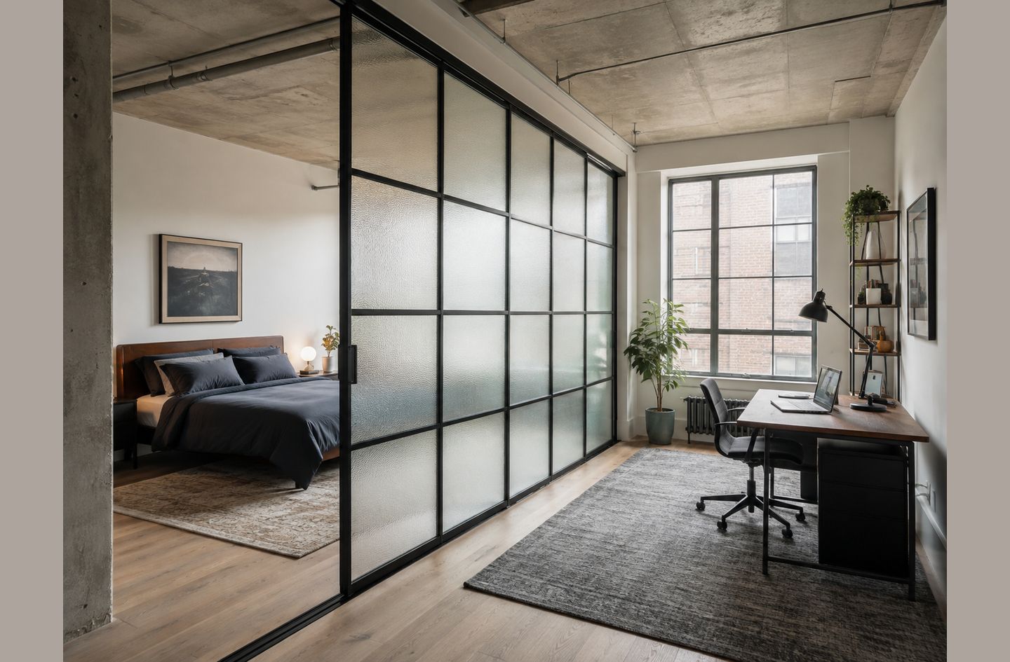 Floor to ceiling room divider using a glass panel to separate a bedroom area from a home office in a modern industrial interior