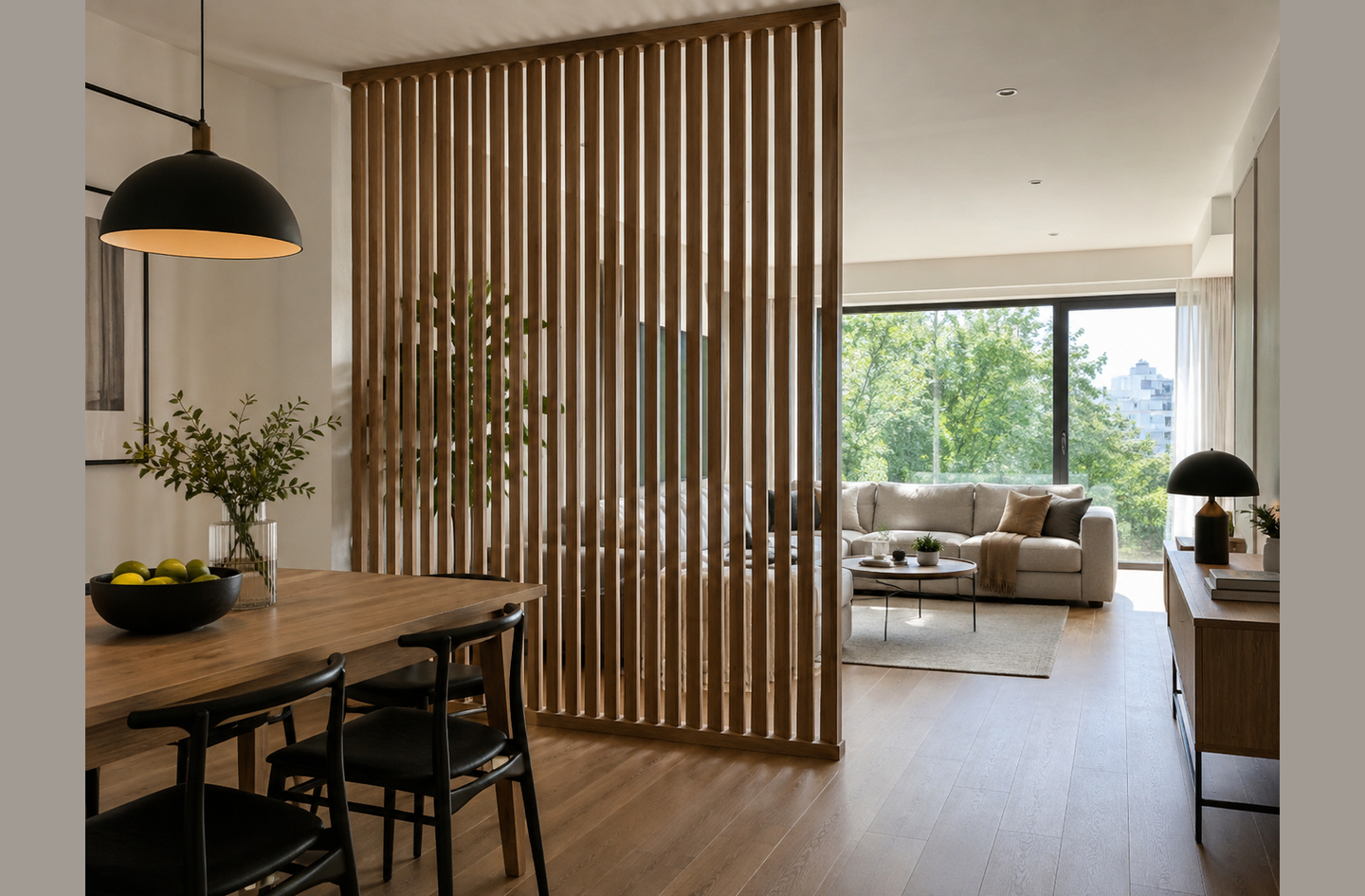Vertical wood slats in a slatted room divider allowing light to pass through while providing visual privacy between modern interior spaces