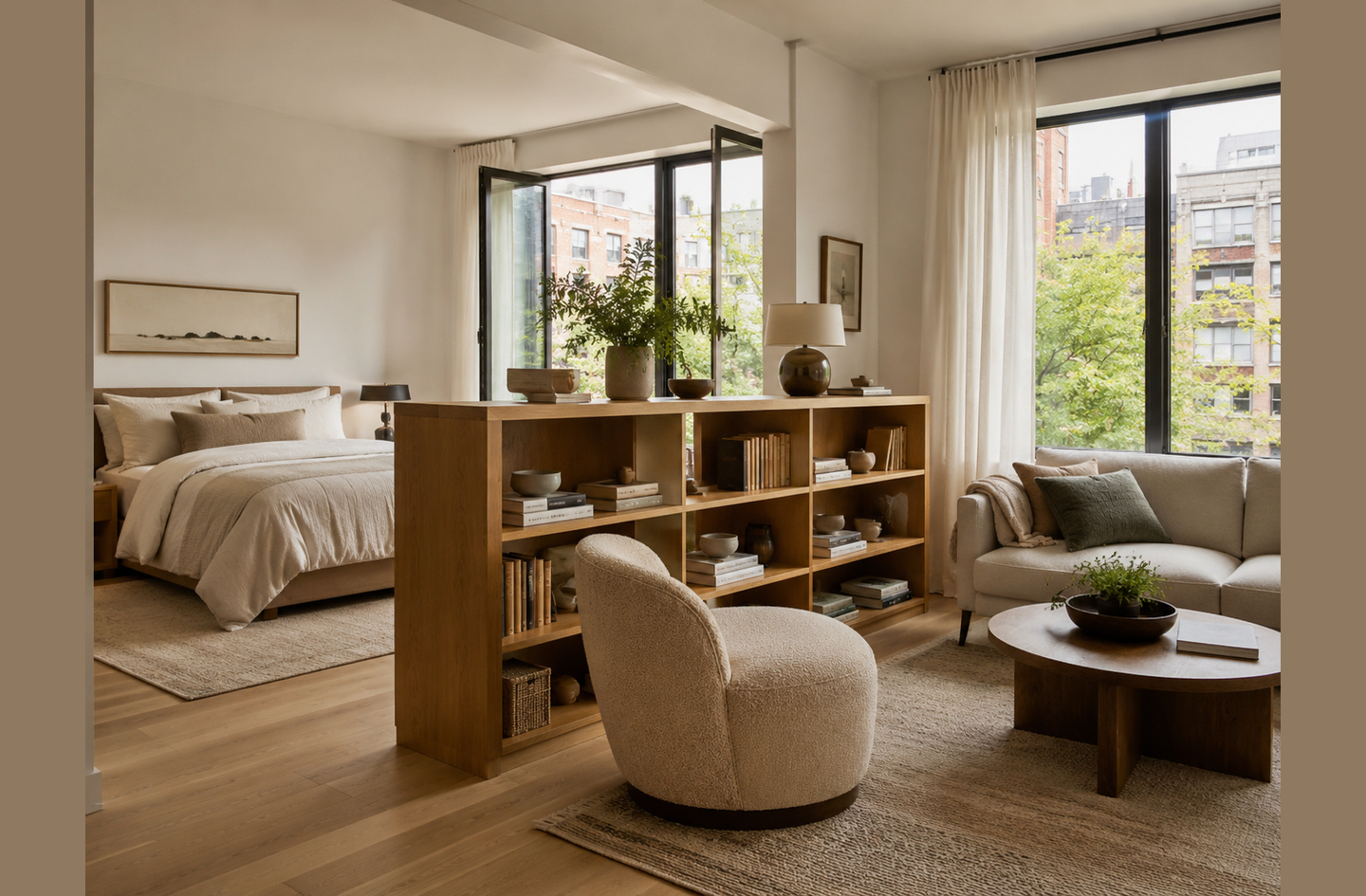 A wooden bookshelf room divider with open shelving separating a bedroom zone from a living area while maintaining an airy connected feel
