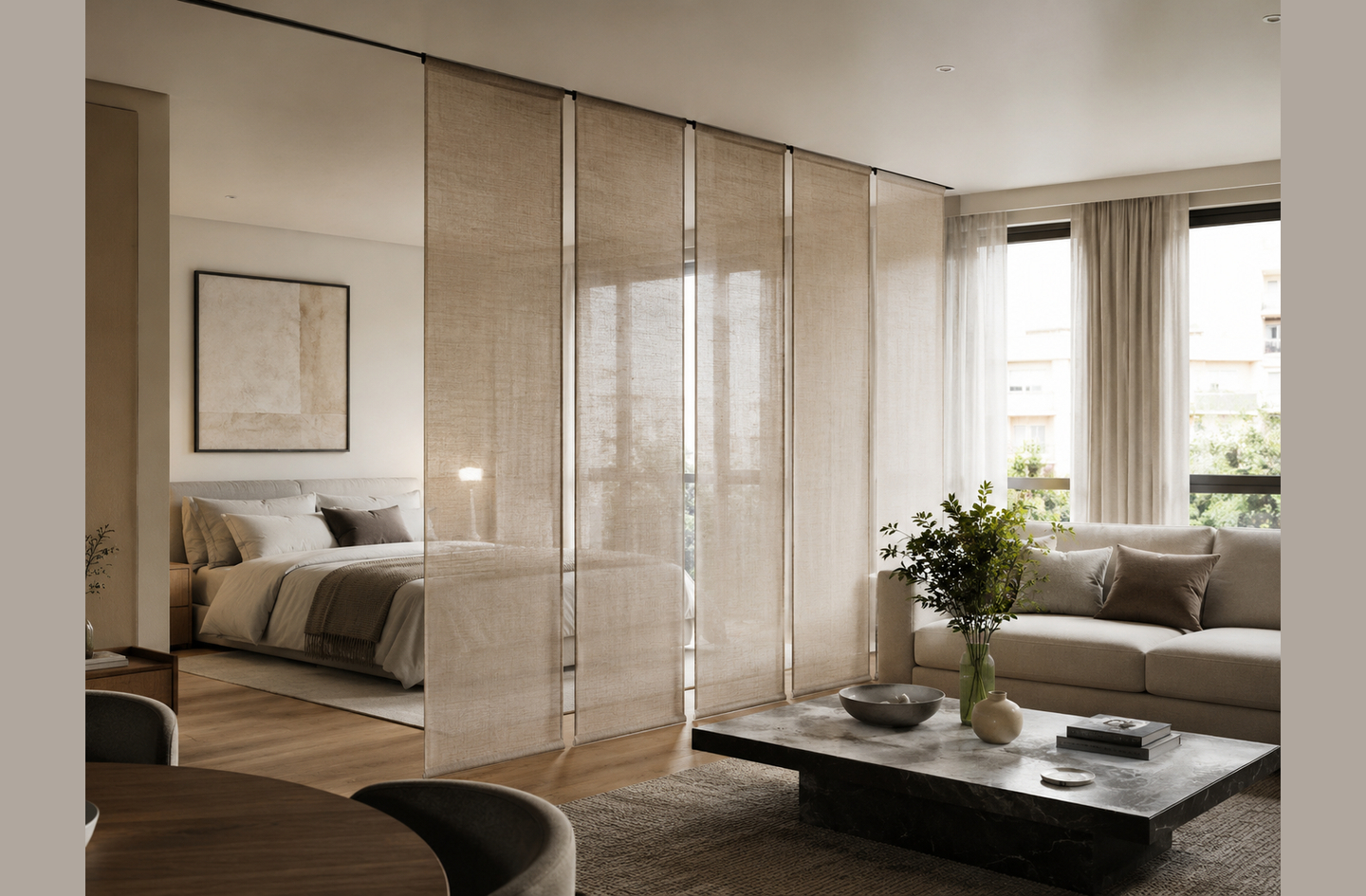 Four floor-to-ceiling fabric panel room dividers on ceiling track separating a bedroom from a living space with neutral translucent panels