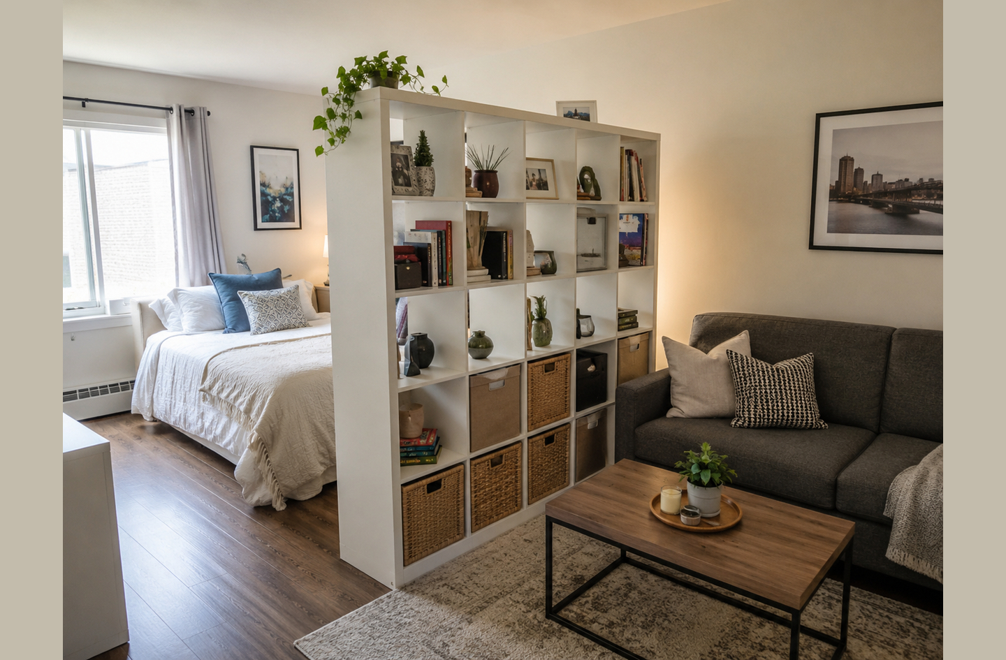 Large white modular cube shelf used as room divider storage between bedroom and living area in a studio apartment