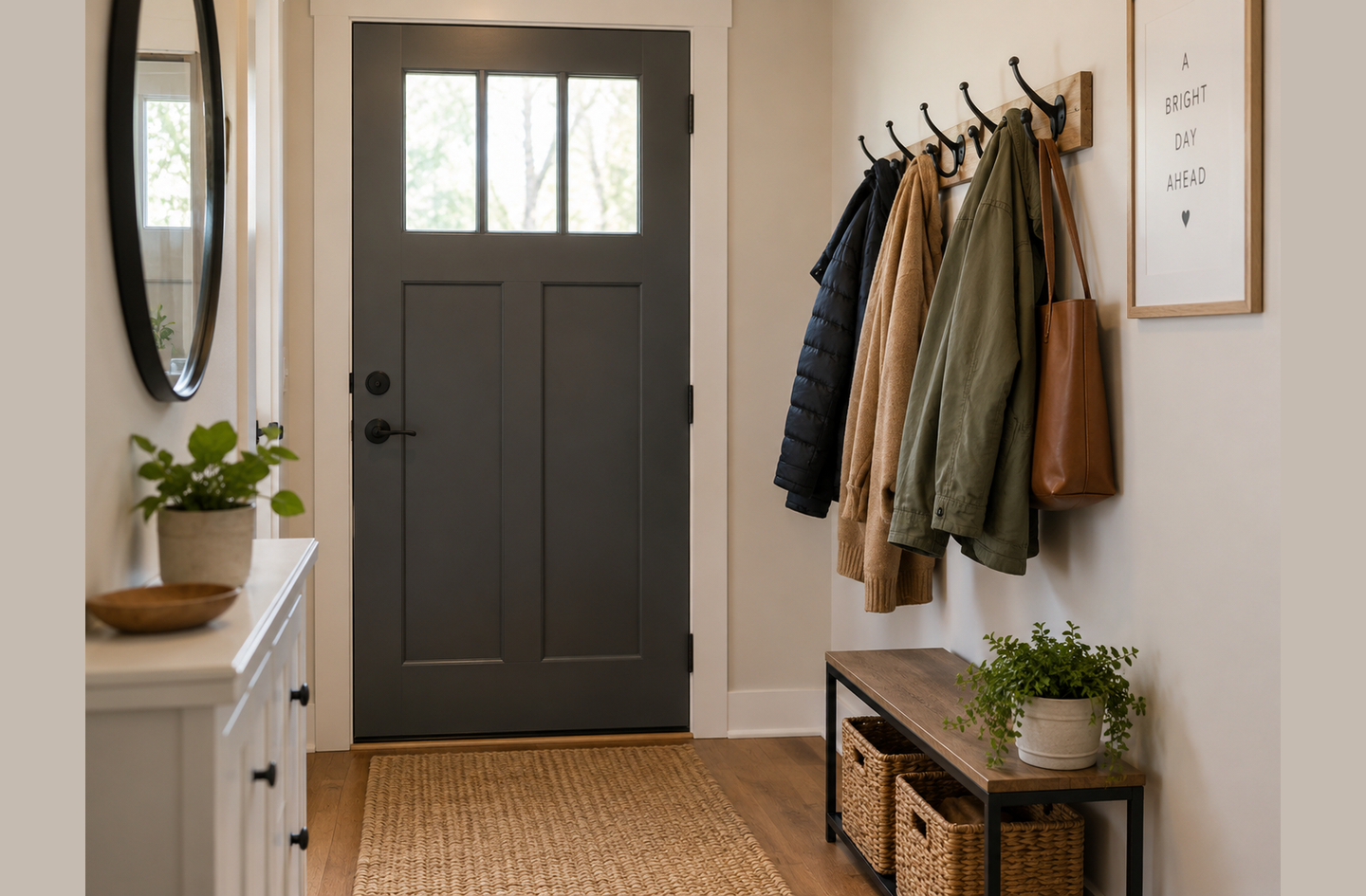 Entryway coat rack ideas for small spaces: wall-mounted hook rack holding jackets and bags beside a wooden bench with woven baskets