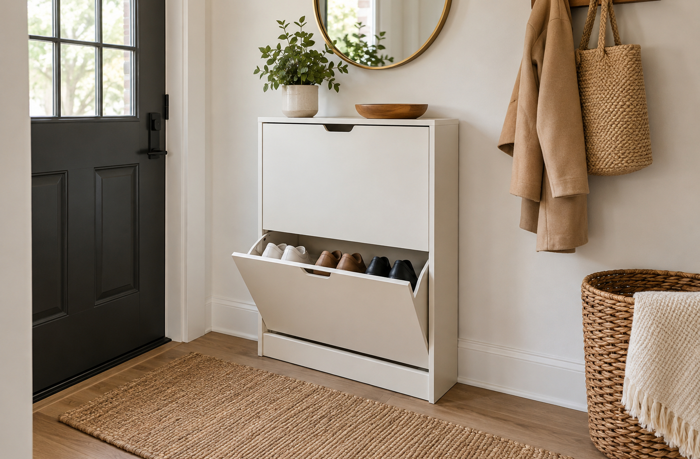 A sleek white slim shoe storage cabinet in a compact entryway with an open drawer showing organized footwear, positioned next to a dark front door.