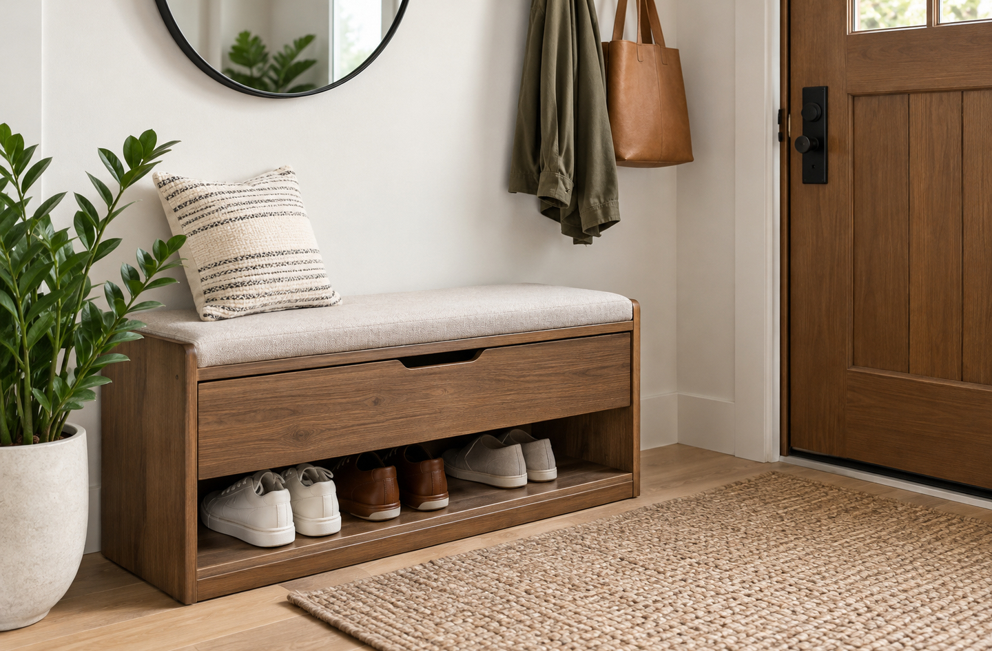 A shoe storage bench with a cushioned top and open shelf below, placed beside a doorway in a compact entryway