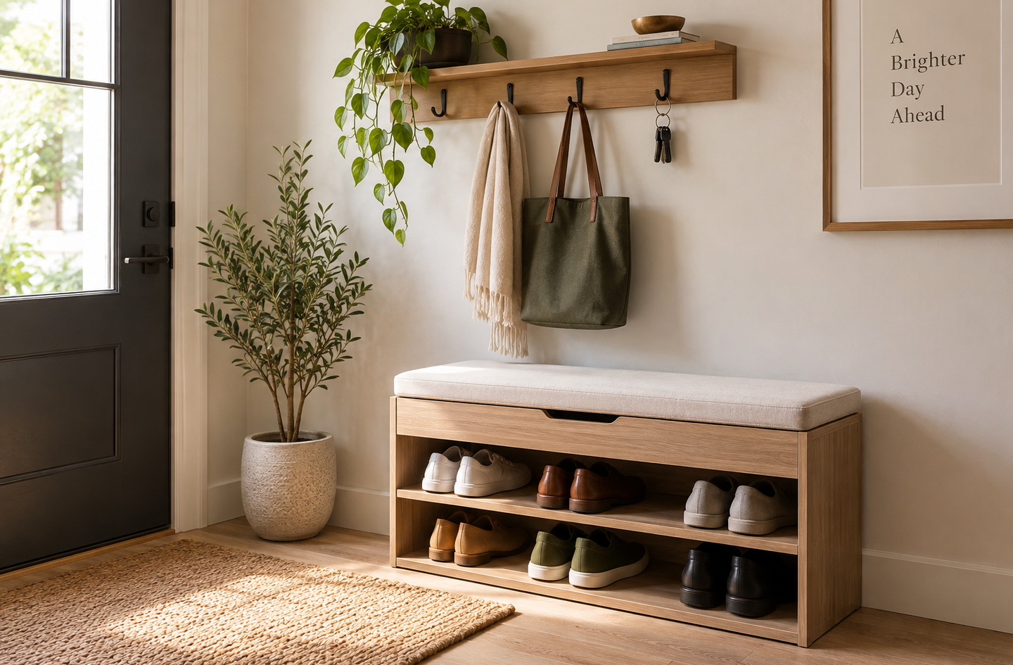 A compact wooden shoe bench with two open shelves of neatly arranged footwear in a small entryway, with a wall-mounted shelf and coat hooks above