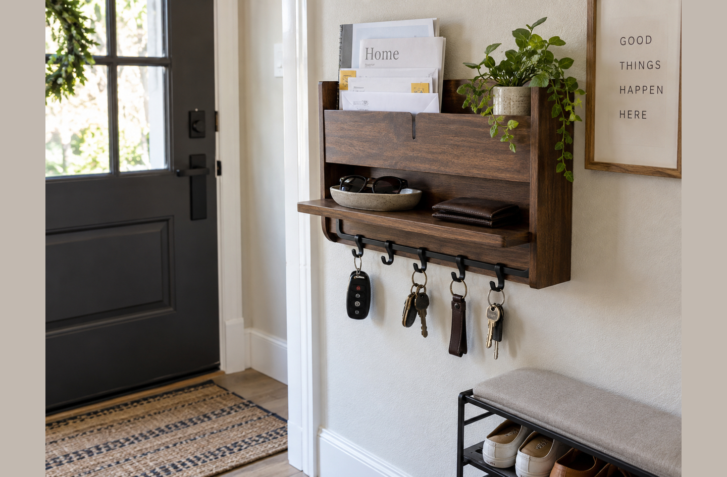 dark wood wall-mounted entryway organizer with a mail slot, a shelf for a bowl and keys, and five hooks near the front door