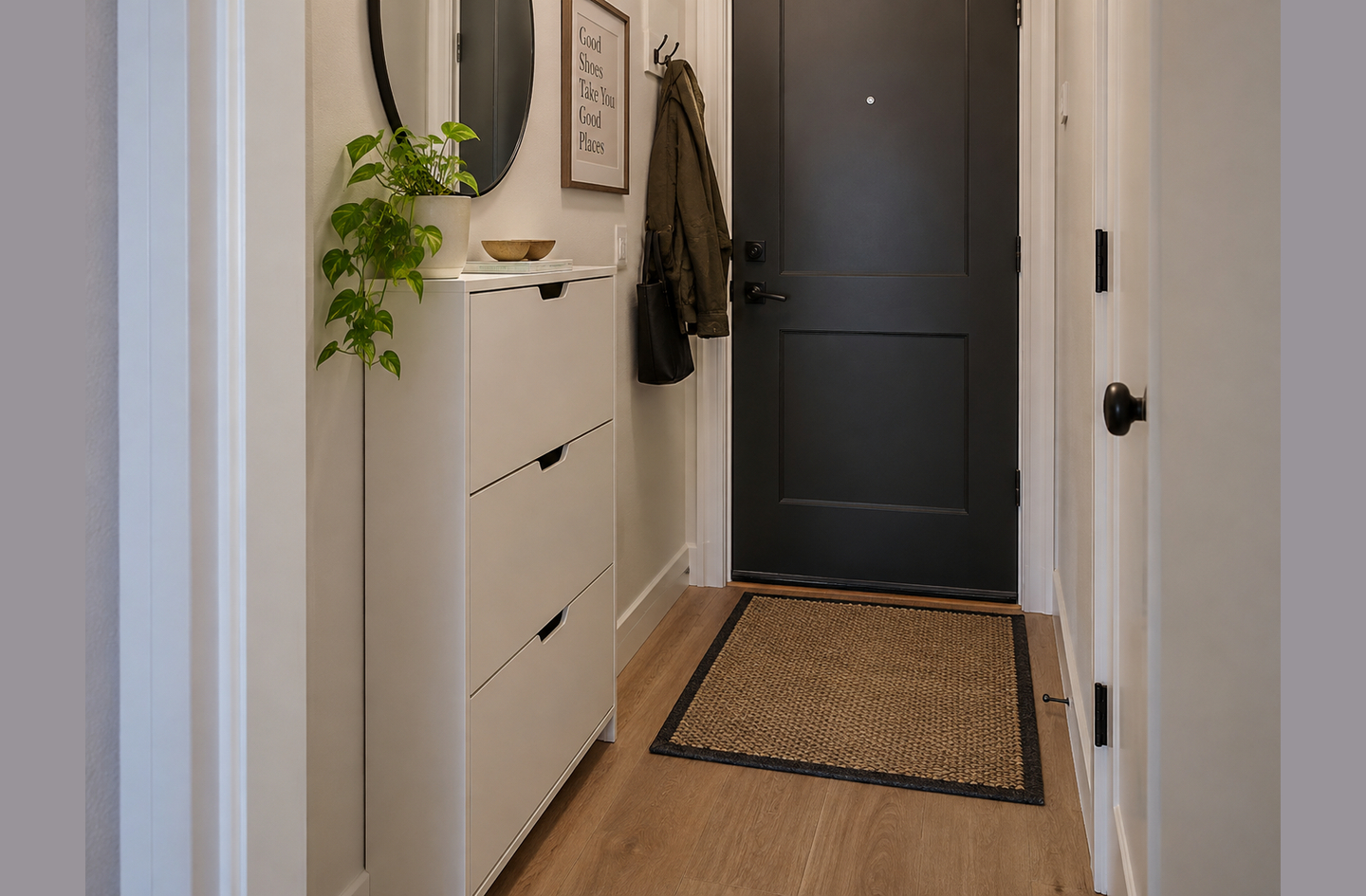 A slim three-tier narrow shoe storage cabinet in a compact entryway next to a dark front door with minimal floor space