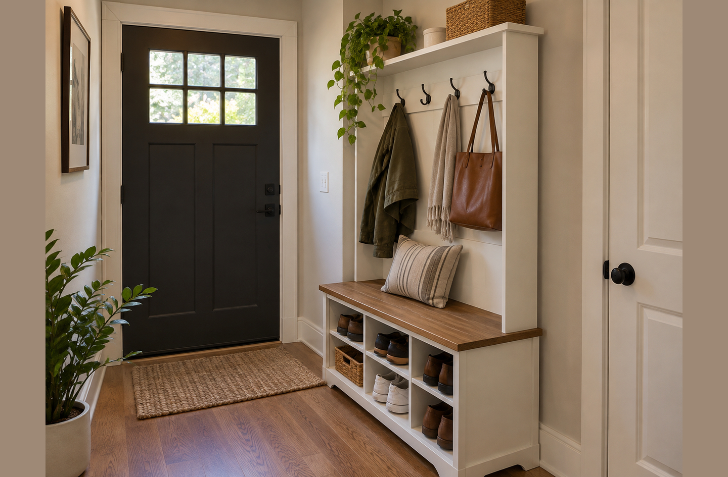 Hall tree for a small entryway with overhead hooks for coats and bags, top shelf, and shoe cubbies against a neutral wall beside a front door