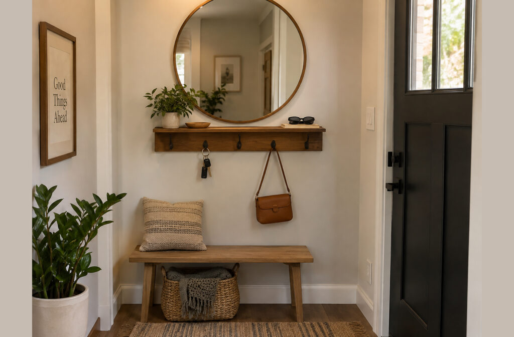 floating shelf entryway setup with wall-mounted hooks, a low wooden bench, and a woven basket creating a compact drop zone near the front door