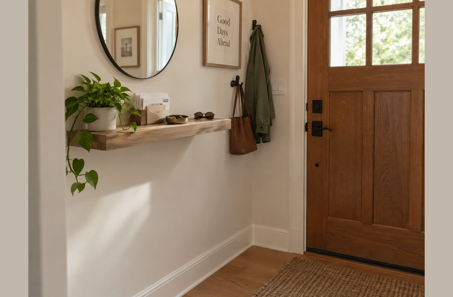 Floating wooden shelf in a compact entryway holding mail and accessories, with wall-mounted coat and bag hooks below and a round mirror above