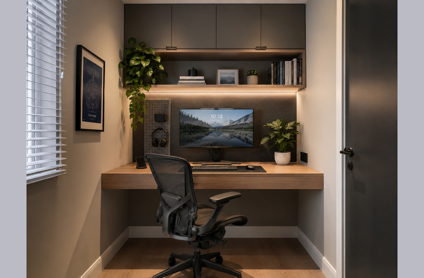 A compact home office built into a wall alcove with a floating wooden desk, ergonomic chair, overhead custom cabinetry, built-in shelf lighting, and a pegboard storage system