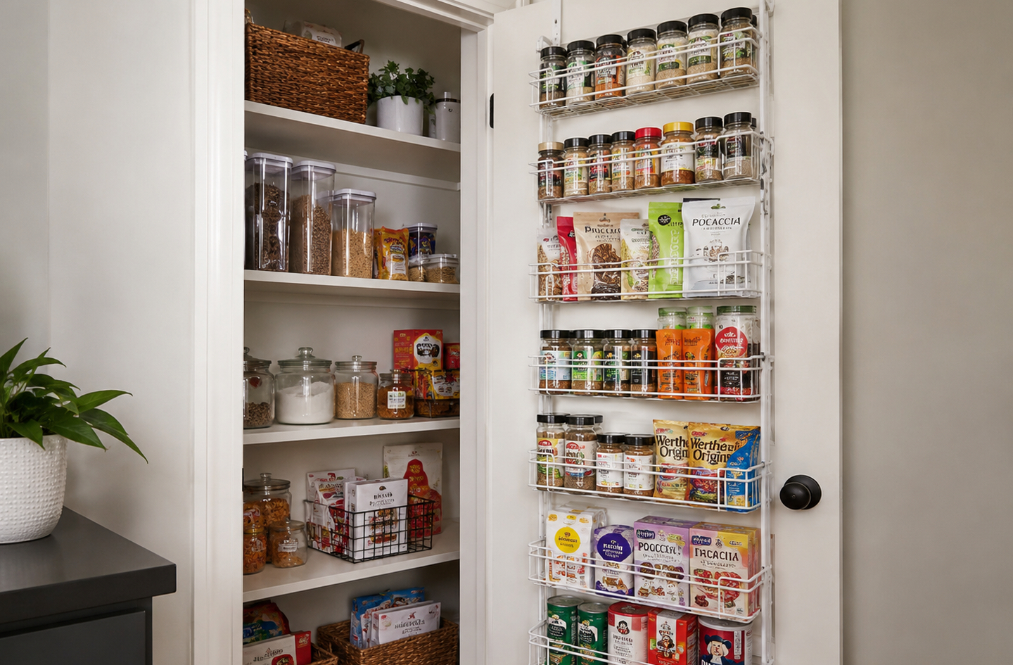 A metal wire over-door basket rack on a pantry door storing spices and packaged goods in neatly organized rows