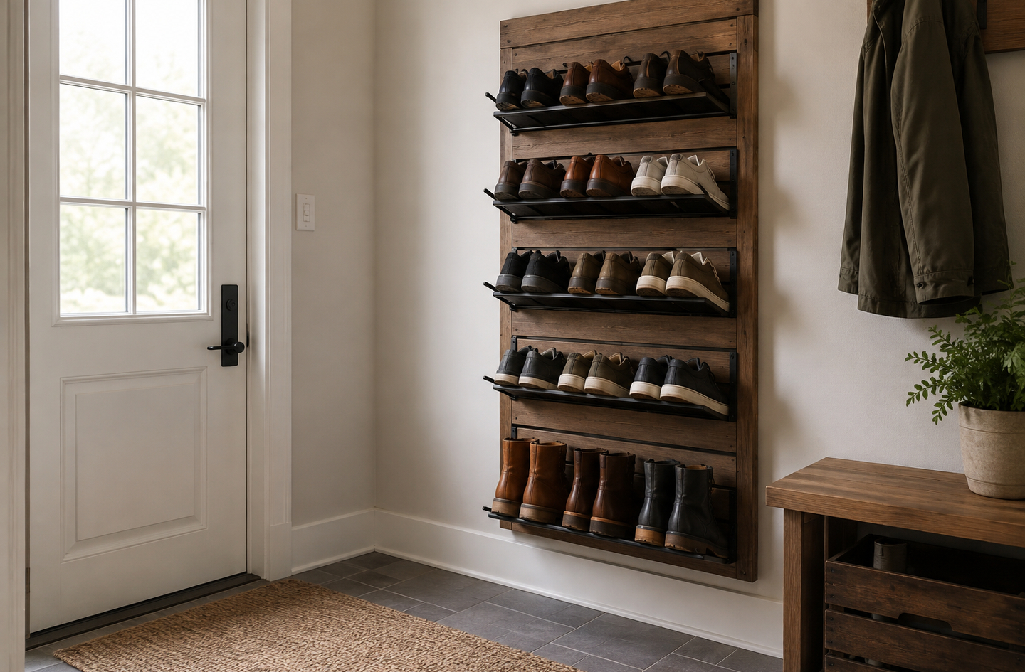 Shoe storage for small entryway: a wooden wall-mounted peg rack holds boots, sneakers, and casual shoes in an organized entryway, with a bench and jacket beside the door.