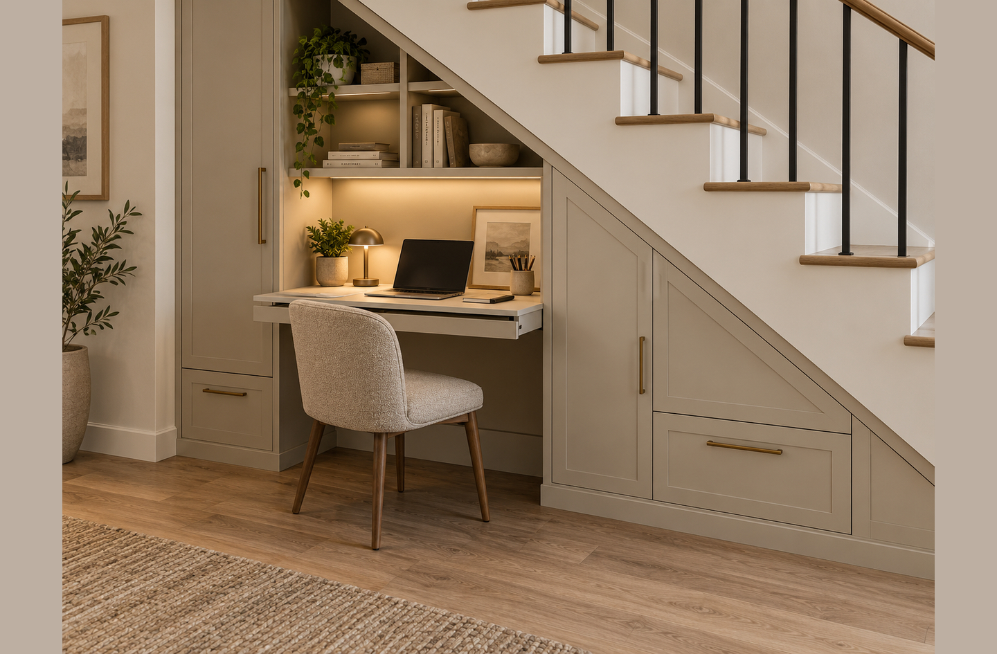 Under-stair desk with built-in light-toned cabinetry, integrated open shelving, warm ambient lighting, and an upholstered chair forming a compact study nook