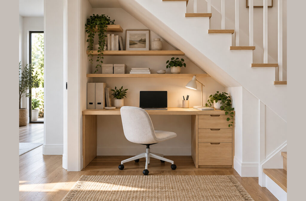 Under stairs office ideas showing a built-in oak desk with laptop, task lamp, and minimalist chair in a compact alcove beneath a wooden staircase