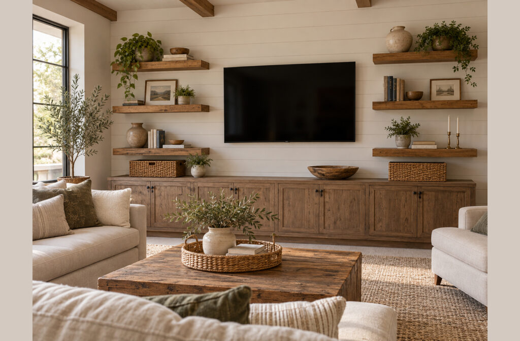 floating shelves around a tv - symmetrical wooden floating shelves flanking a wall-mounted television on white shiplap, displaying plants, books, and decor