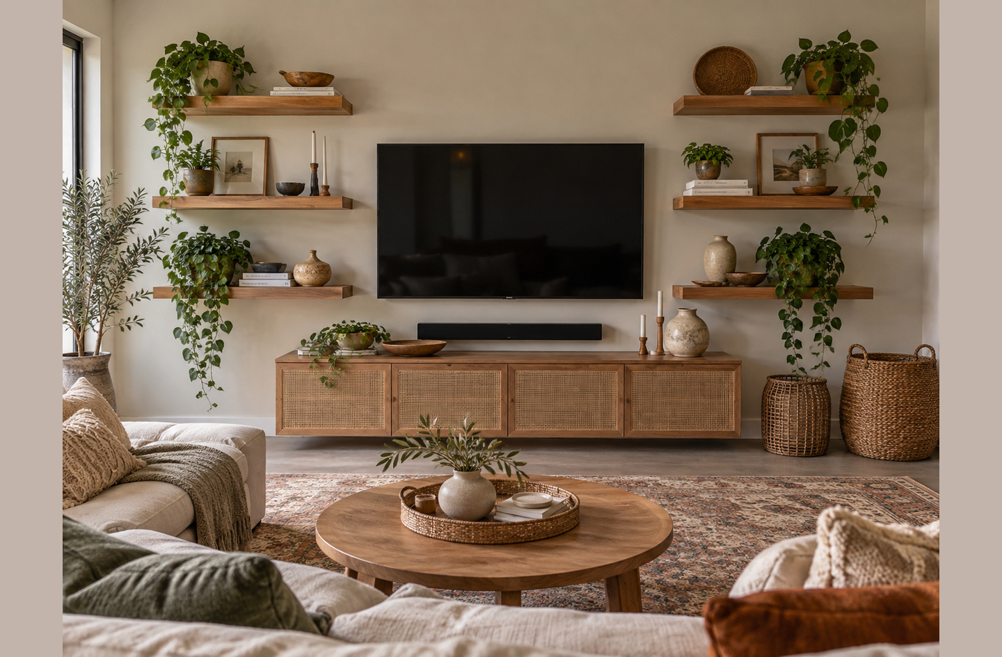 Three symmetrical floating shelves flank a wall-mounted television on each side, displaying trailing plants, decorative ceramics, and framed artwork, with a wooden cane media console below