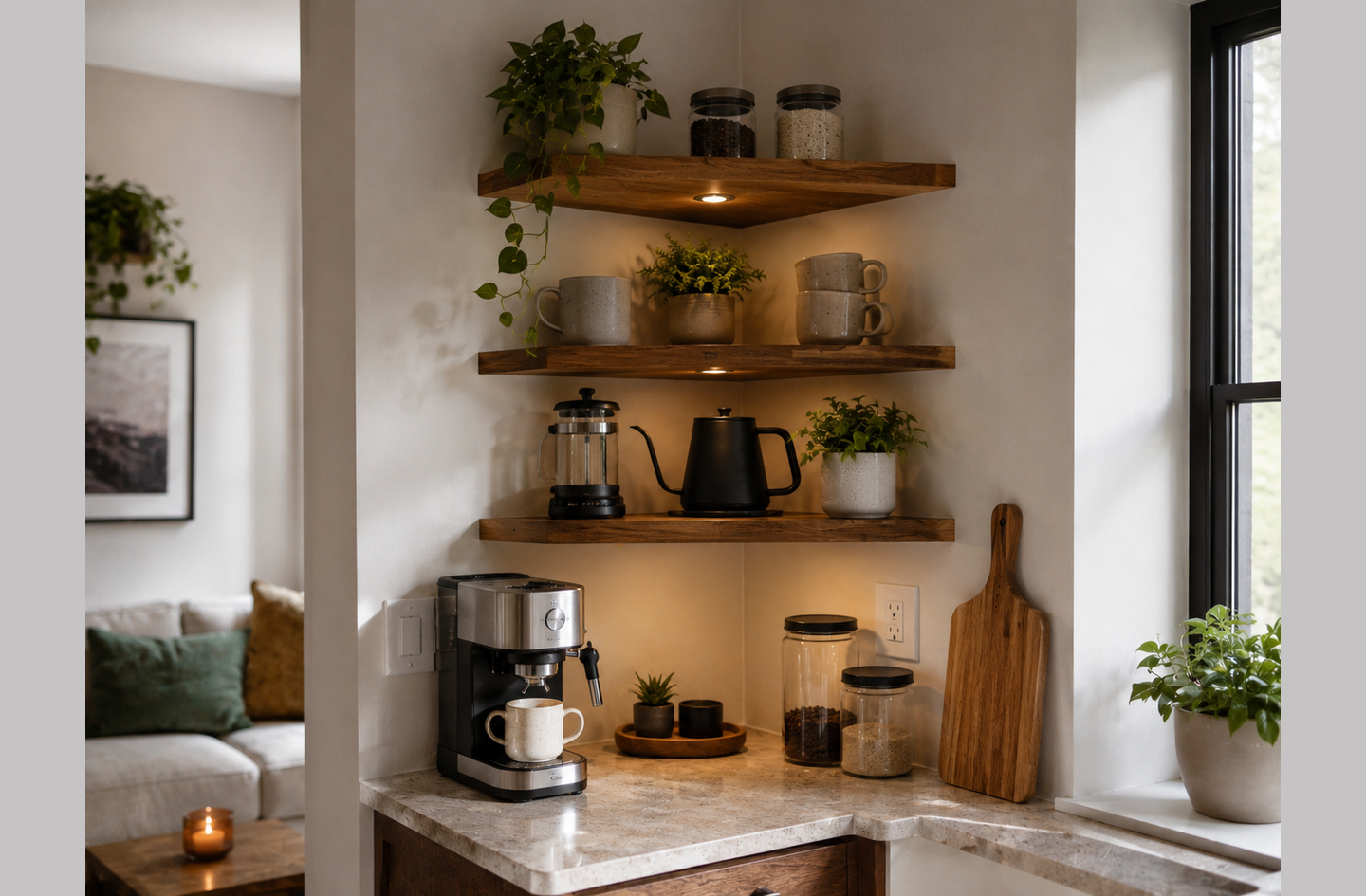 One of the small kitchen counter organization ideas in practice: a corner coffee station with an espresso machine on a marble counter and three wooden shelves above holding mugs and coffee gear.