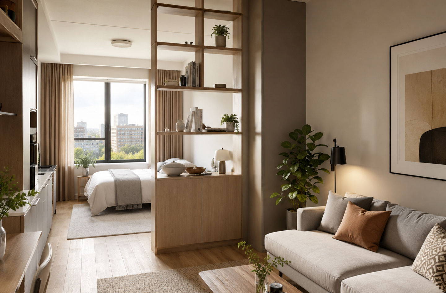 A modern studio apartment where a light wood room divider separates the bedroom area from a living space with a grey sofa, with natural light coming in from a large window.