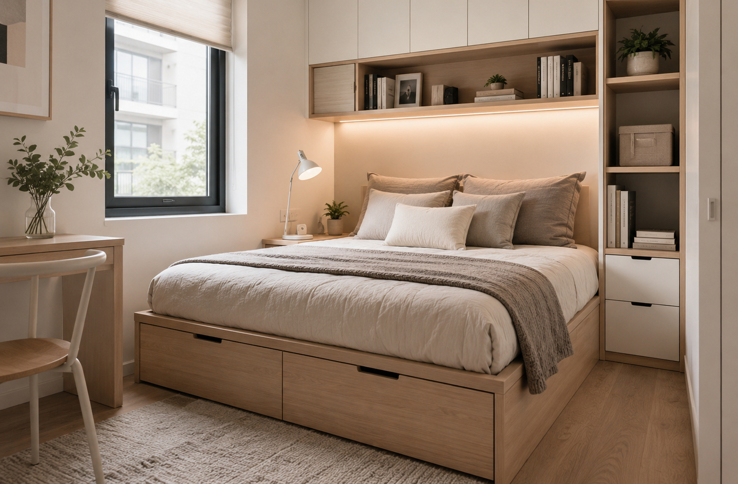 A compact bedroom uses drawers built under a platform bed and a tall, narrow shelf unit with drawers beside it, keeping folded clothing storage off the floor and close to the bed.