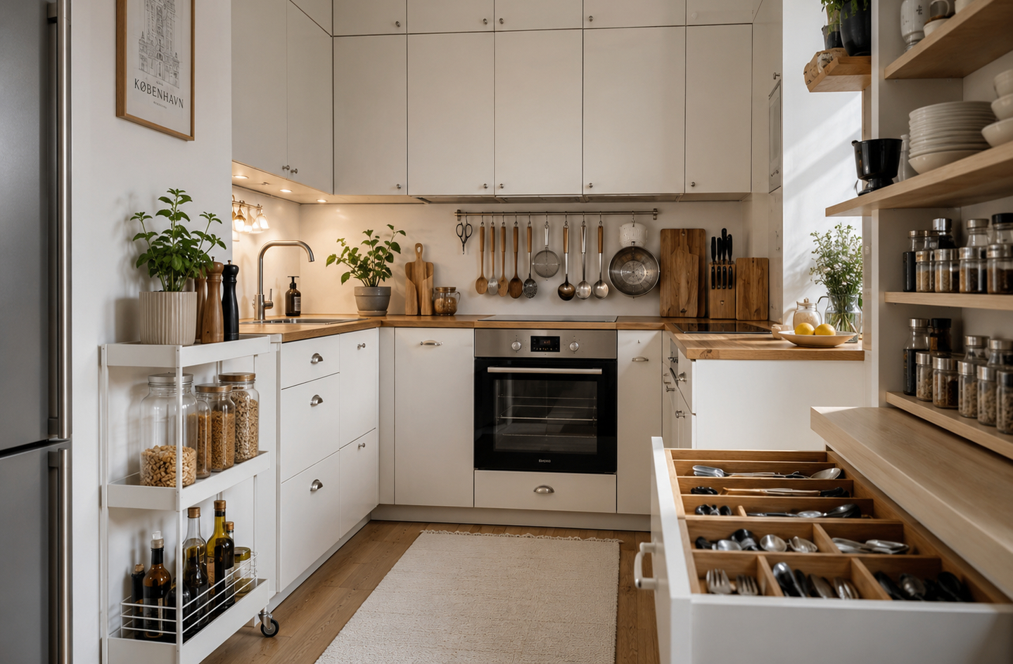 Small kitchen storage in a white kitchen with wooden counters, open shelving holding organized jars and dishes, a white utility cart, and a divided drawer for silverware and tools