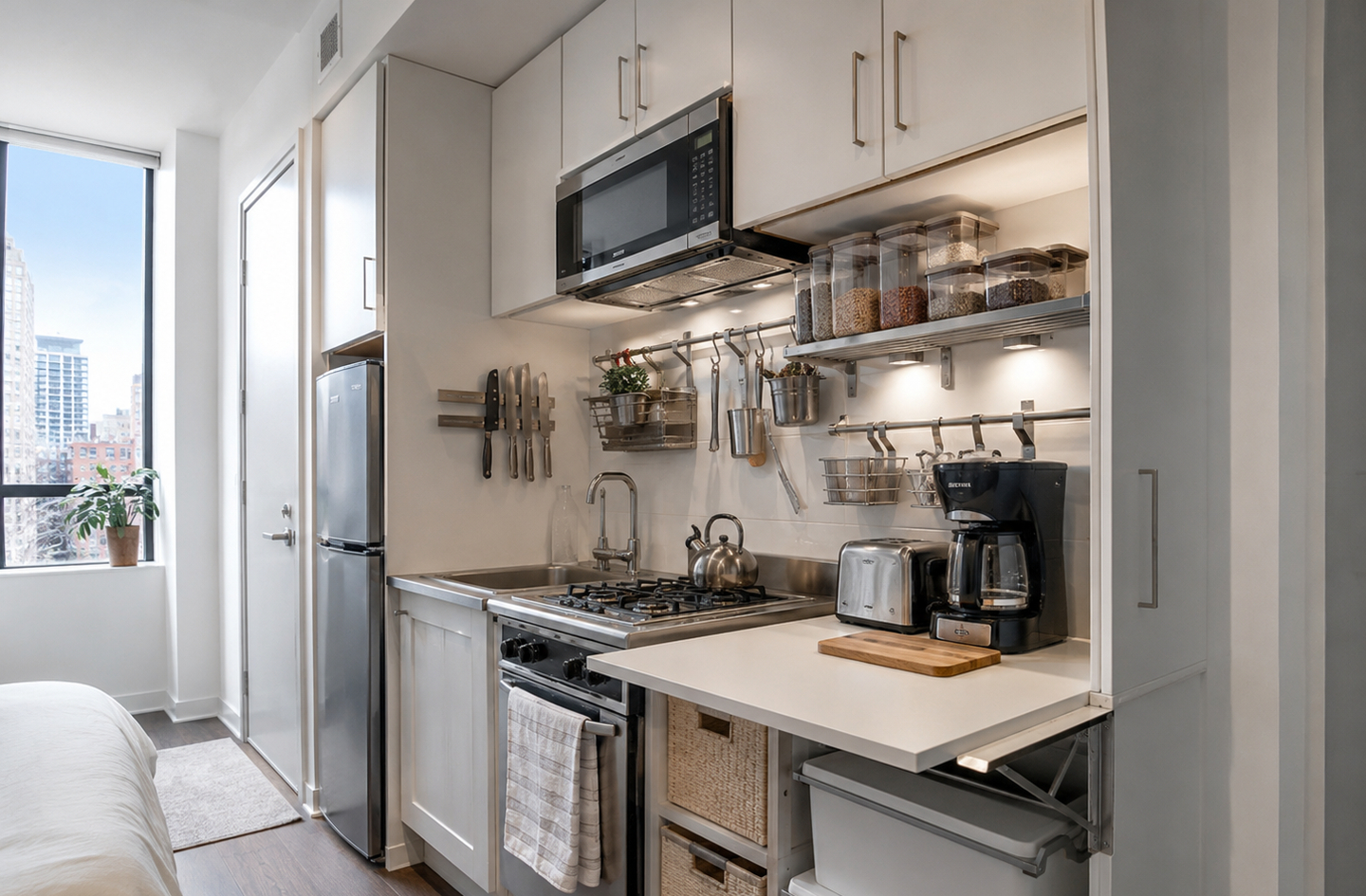 Small kitchen ideas in practice: a compact modern kitchen with white cabinets, stainless steel appliances and a wall-hung rack of utensils and containers beside a small refrigerator and a city-view window.